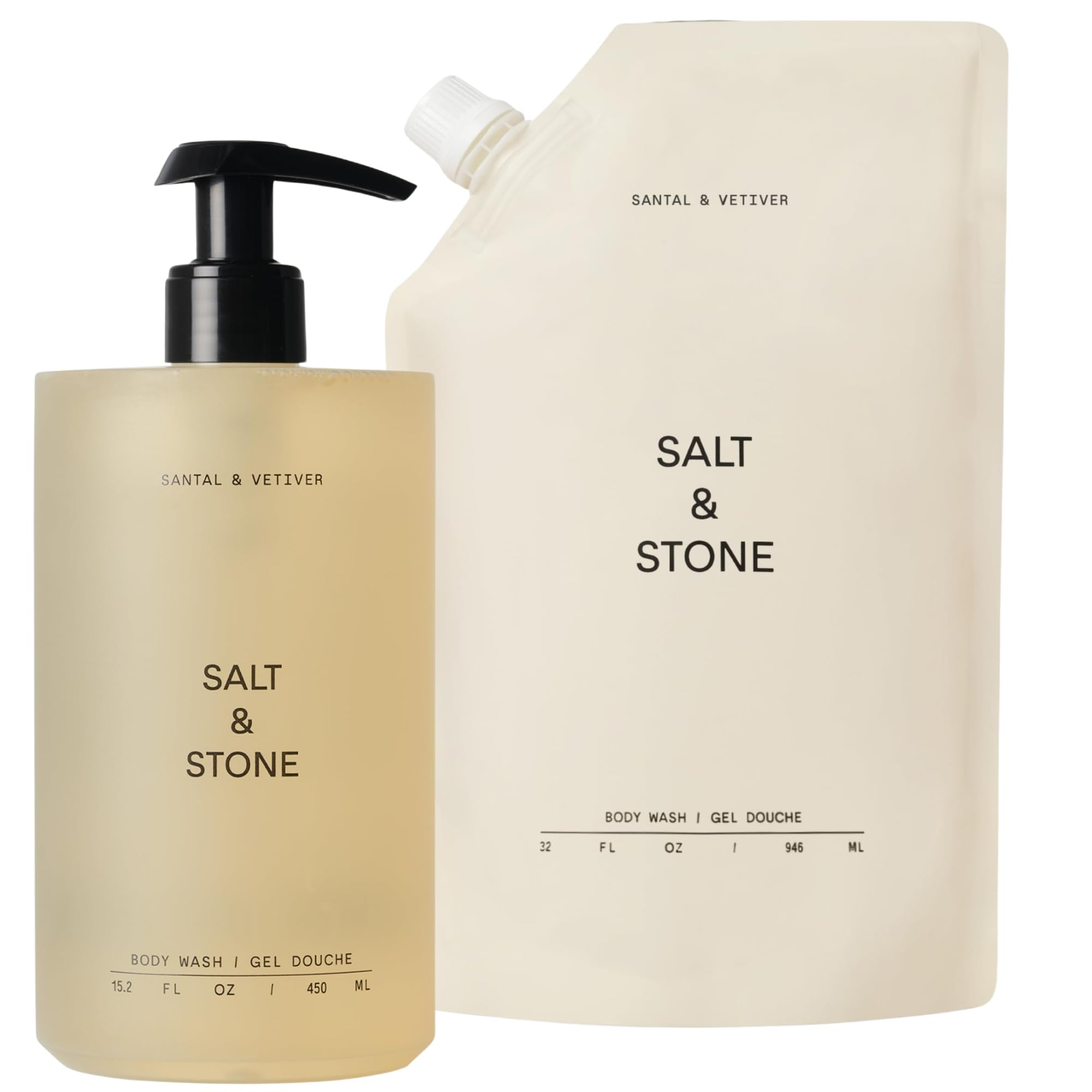 **Salt & Stone Antioxidant-Rich Body Wash Bundle (15.2 Oz Pump Bottle + 32 Oz Refill Pouch) – Santal & Vetiver Scent | Paraben, Sulfate & Phthalate-Free | Hydrating & Nourishing for Dry Skin | Perfect for Daily Shower & Spa-Like Relaxation**