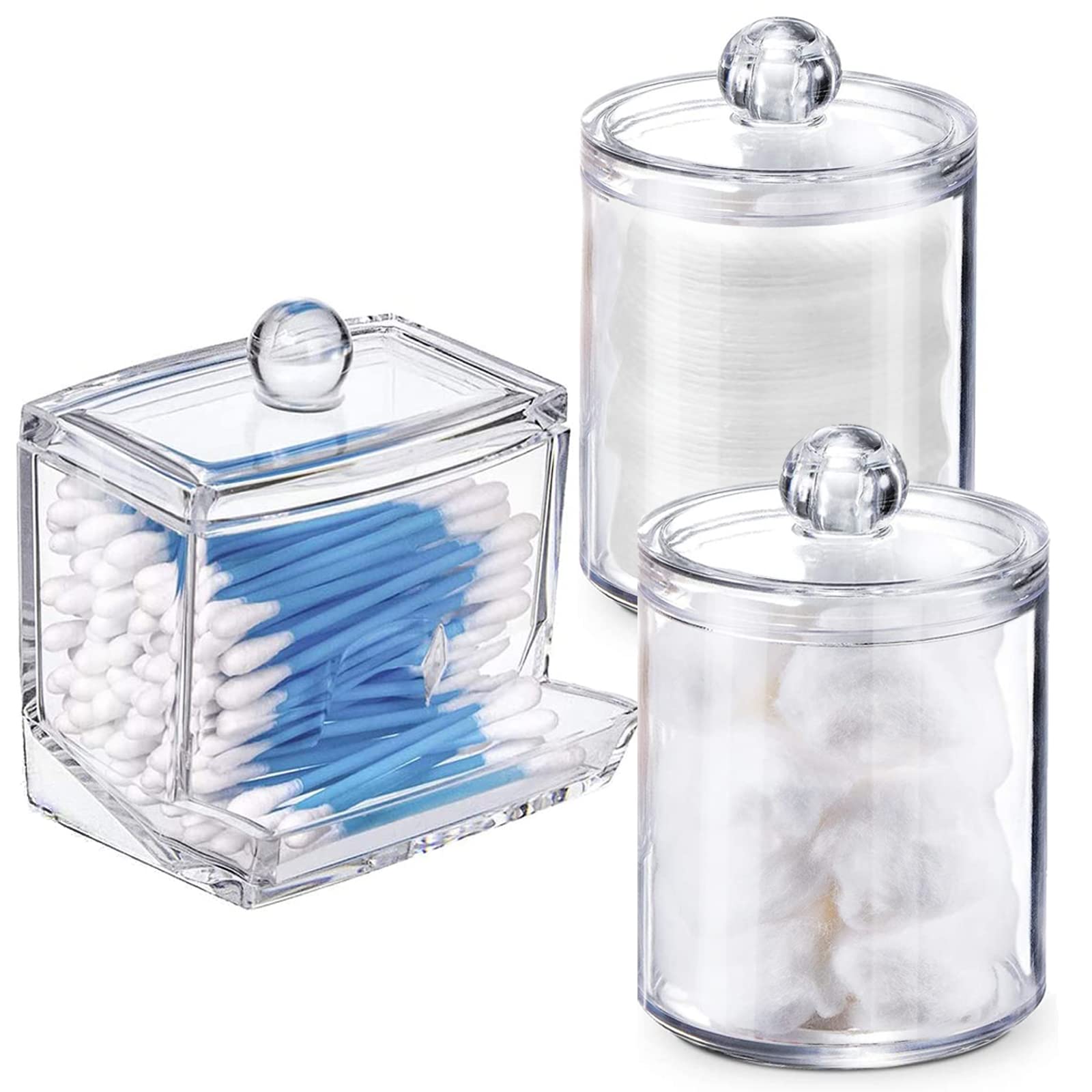 WISIEW Clear Plastic Swab Holder with Lid - Bathroom Q-Tip Dispenser & Cotton Ball Storage Container - Organize Cotton Swabs, Makeup Pads, Cosmetics - Perfect for Vanity, Salon, and Travel Essentials