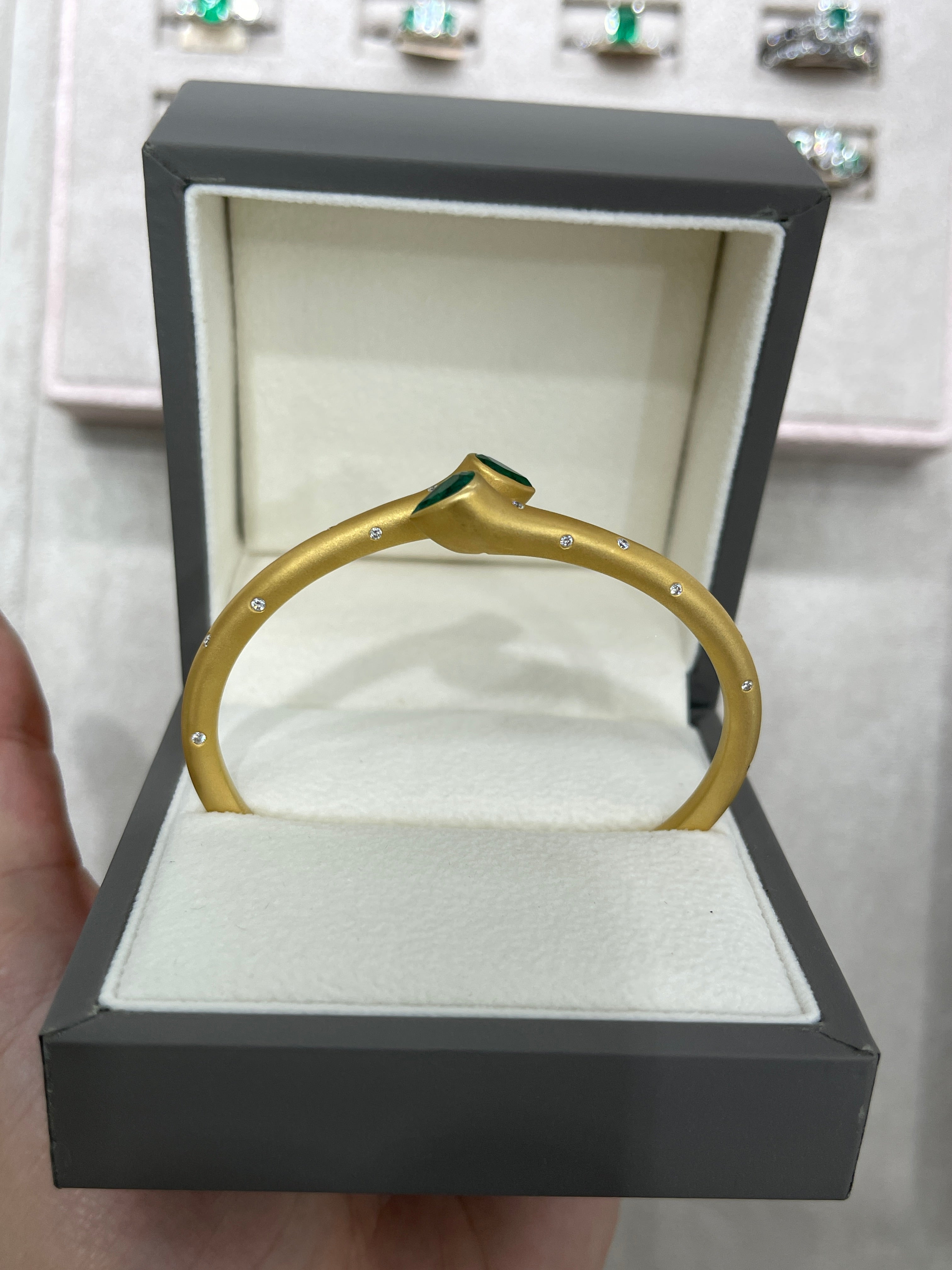 2.93tcw Pear Emerald & Diamond Bypass Cuff Bangle Bracelet in 18K Gold - Elegant Jewelry for Weddings, Parties & Special Occasions