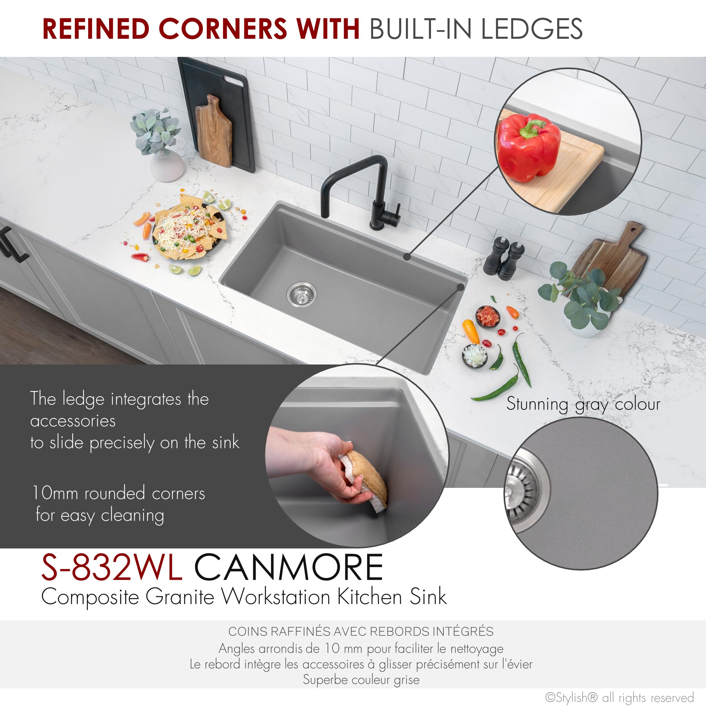 32 x 18 Inch Drop In or Undermount Kitchen Sink - Single Bowl Granite Composite Reversible Workstation with Strainer, Colander, Drying Rack & Cutting Board - Perfect for Modern Kitchens & Food Prep (Grey, S-832WL)