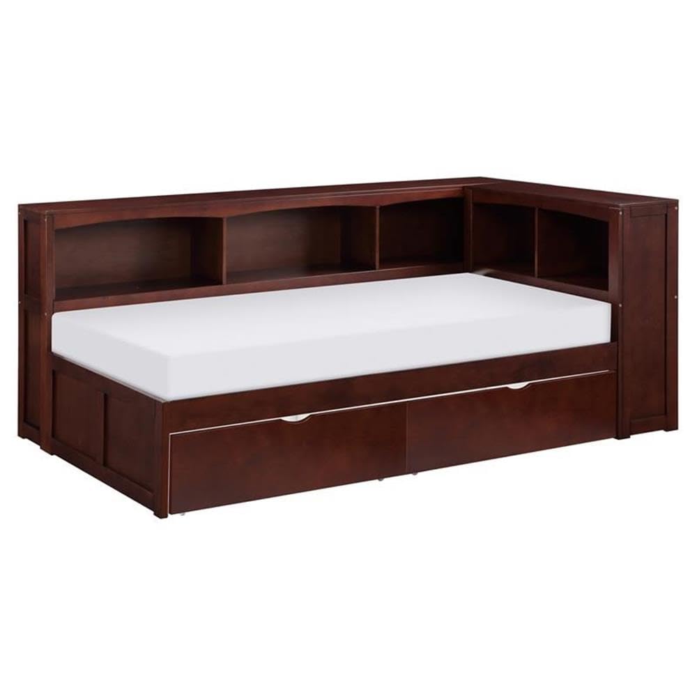 Pemberly Row Wood Twin Bookcase Corner Bed with Storage Boxes in Dark Cherry - Space-Saving Kids Bedroom Furniture for Small Rooms & Dorm Organization