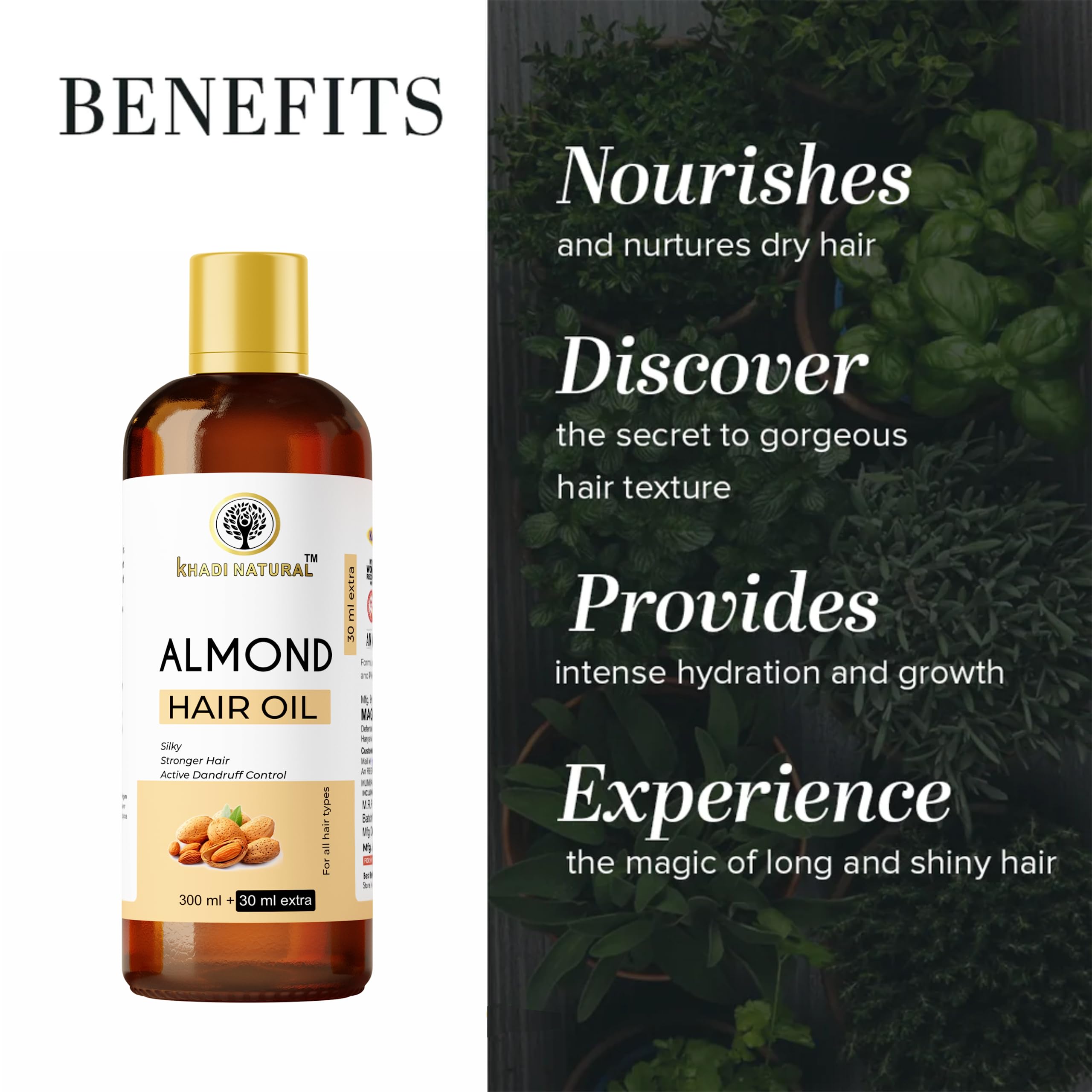 Khadi Natural Almond Hair Oil 330ml - Organic Nourishing Hair Treatment for Dry Damaged Hair | Promotes Hair Growth & Shine | Perfect for Daily Hair Care & Scalp Massage
