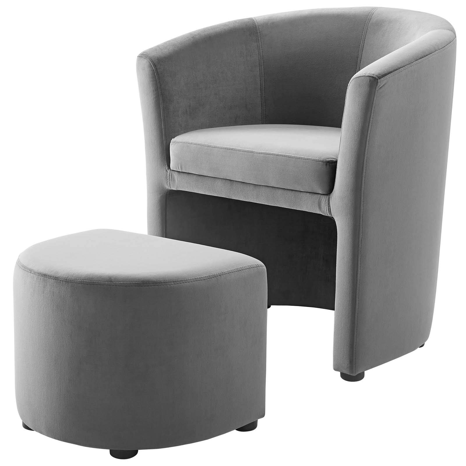 Modern Velvet Accent Chair with Ottoman - Gray Living Room Lounge Lobby Armchair for Home Decor | Perfect for Reading Nook, Bedroom Sitting Area & Office Waiting Room