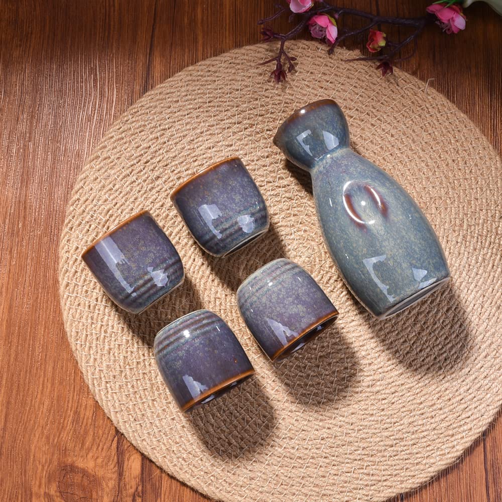 Premium Japanese Sake Set - Traditional Ceramic Sake Pot & 4 Matching Cups - Authentic Sake Drinking Experience for Home, Restaurant & Gift Giving