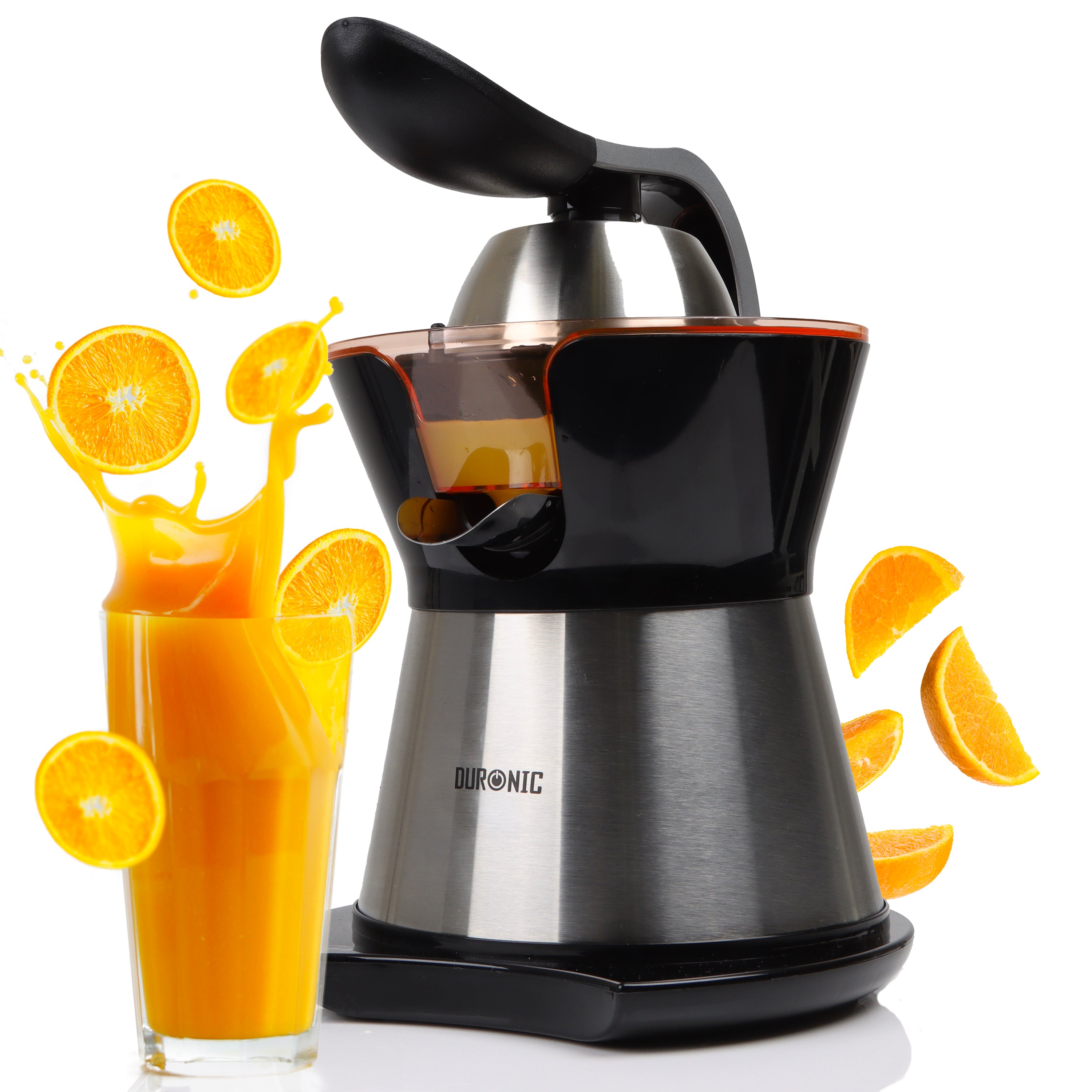 Duronic JE304 Electric Citrus Juicer - 300W Powerful Lemon & Orange Press with 2 Interchangeable Cones, Adjustable Pulp Filter & Pouring Spout - Perfect for Fresh Juice Bars, Breakfast Smoothies & Healthy Cocktails