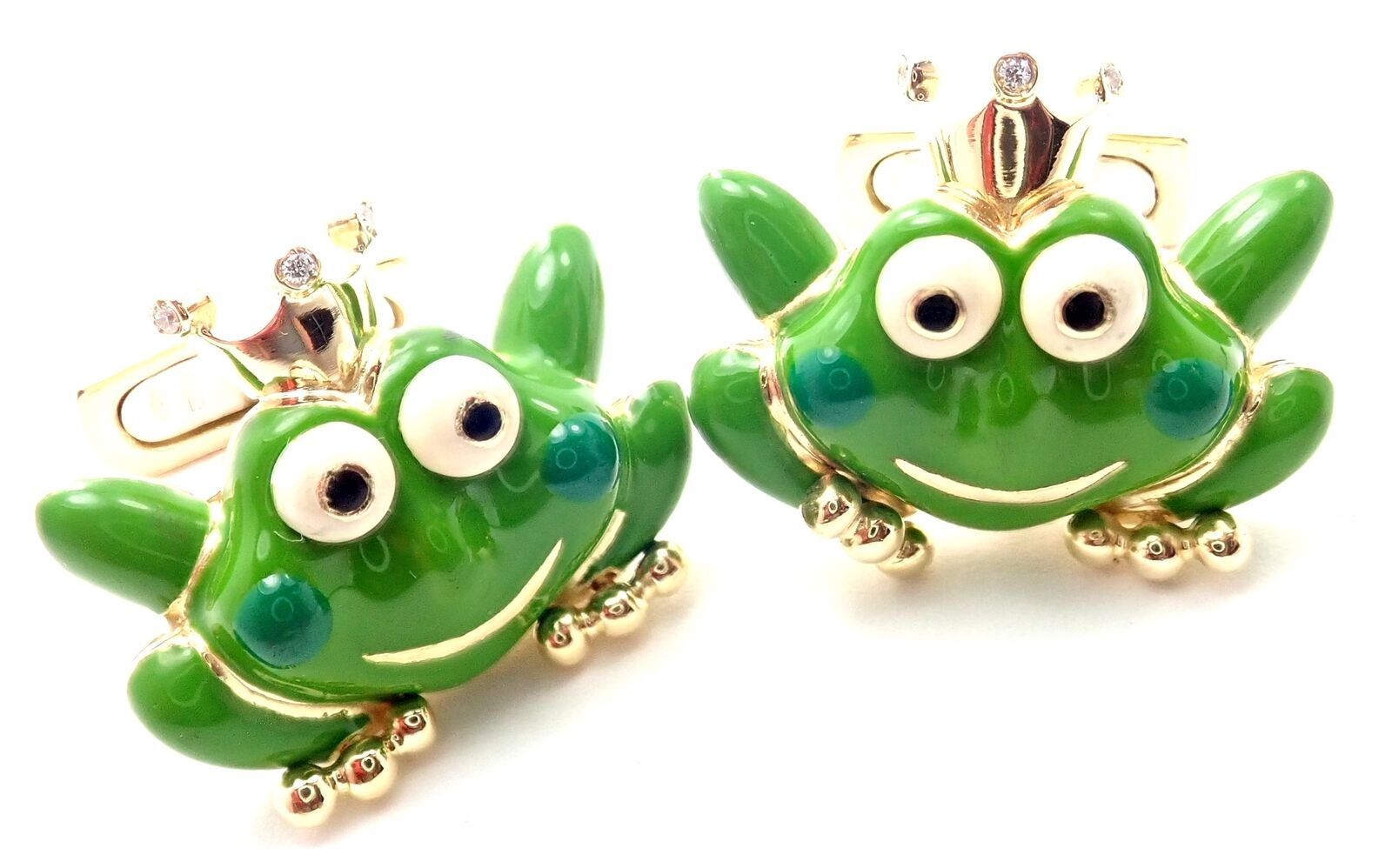 Authentic Aaron Basha 18k Yellow Gold Diamond Enamel Frog Prince Cufflinks - Luxury Gift for Men, Perfect for Weddings & Formal Events