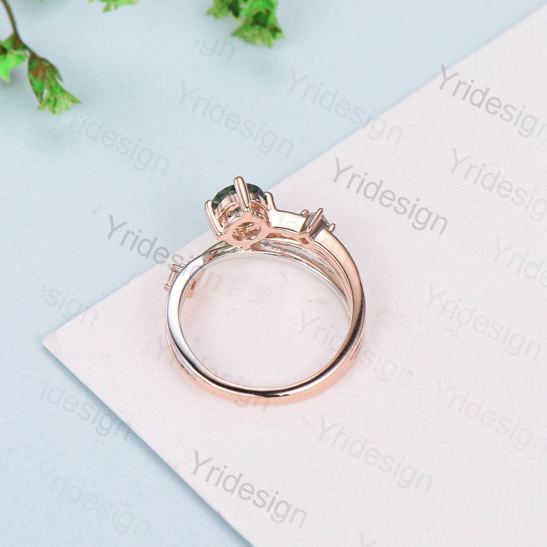 14K Solid Two-Tone Gold Moss Agate Ring - 5mm Dainty Aquatic Agate Engagement Ring for Women, Twisted Wedding Band, Unique Crystal Bridal Jewelry Gift for Her | Perfect for Proposals, Anniversaries & Special Occasions