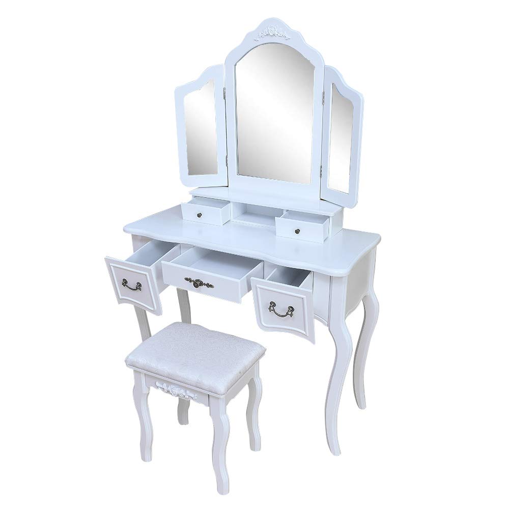 Beyamis White Tri-Fold Mirror Dresser with Stool - Elegant Vanity Table for Bedroom, Dressing Room & Makeup Area