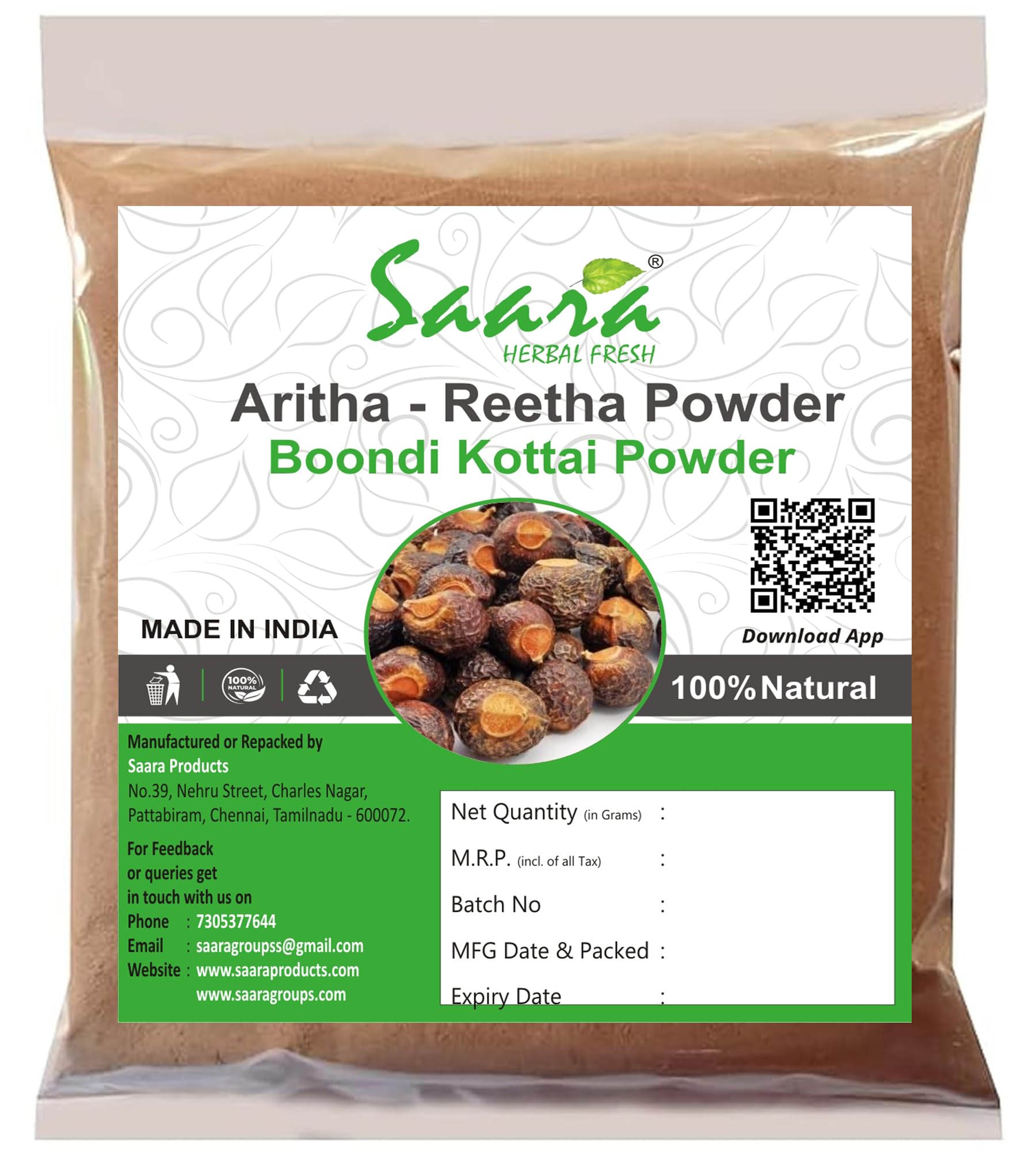 Organic Saara HERBAL FRESH Soapnut Powder (Reetha/Aritha) 400g - Natural Hair & Face Cleanser - Pack of 4 x 100g - Boondi Kottai, Kumkudukaya - Perfect for Shampoo, Face Wash & Eco-Friendly Cleaning