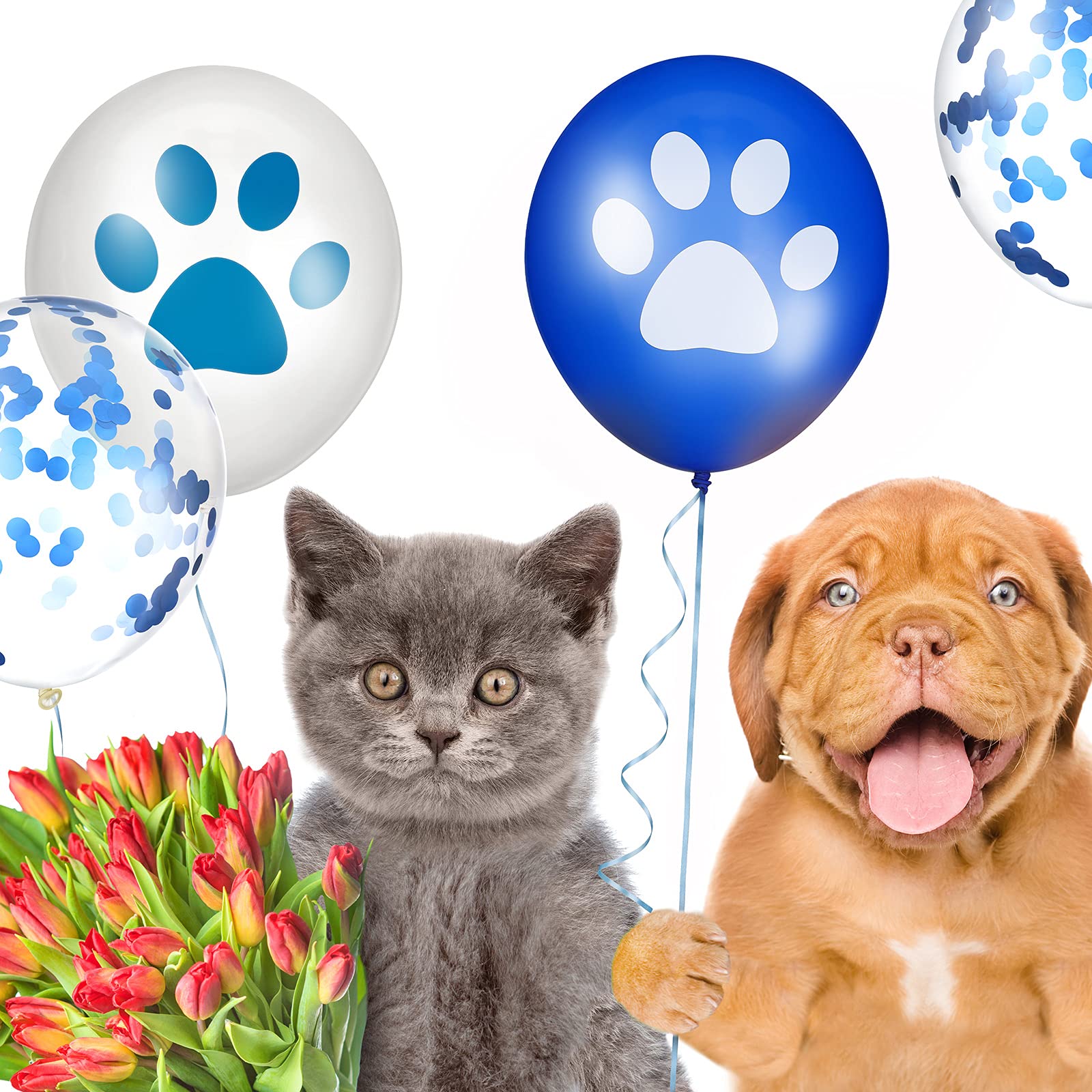 Skylety 36 Pcs 12 Inch Blue & White Paw Print Balloons - Dog Themed Latex Balloons with Confetti & Ribbons for Puppy Birthday, Baby Shower, Graduation Party Decorations | Perfect for Pet Lovers & Animal Theme Celebrations