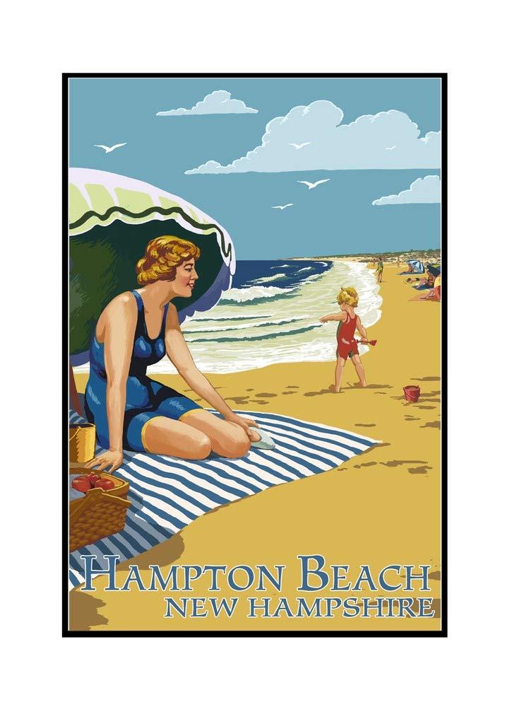 Hampton Beach, New Hampshire - Serene Woman on Beach Art Print (24x36 Framed Gallery Wrapped Canvas) - Perfect for Coastal Living Rooms & Bedrooms
