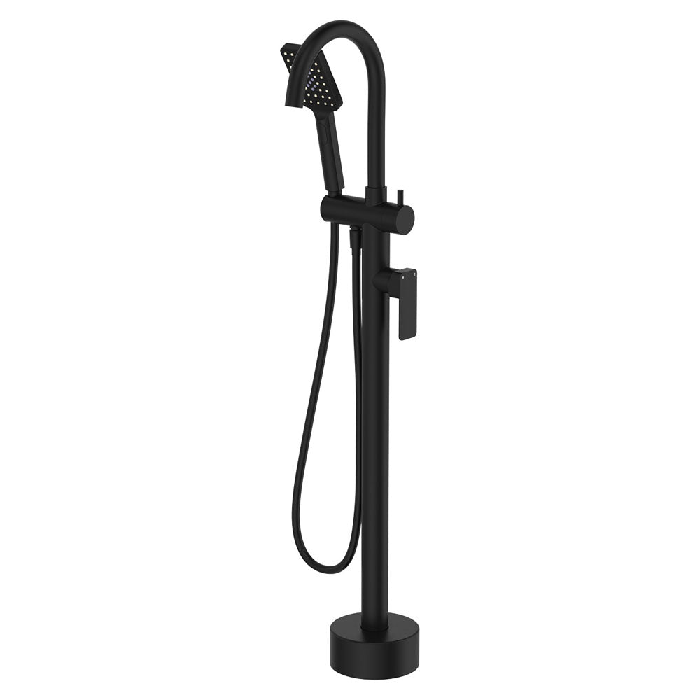 Fienza Tono Matte Black Floor Mounted Bath Mixer with Hand Shower 233113B - Modern Bathroom Faucet for Freestanding Tubs & Spa-Like Showers