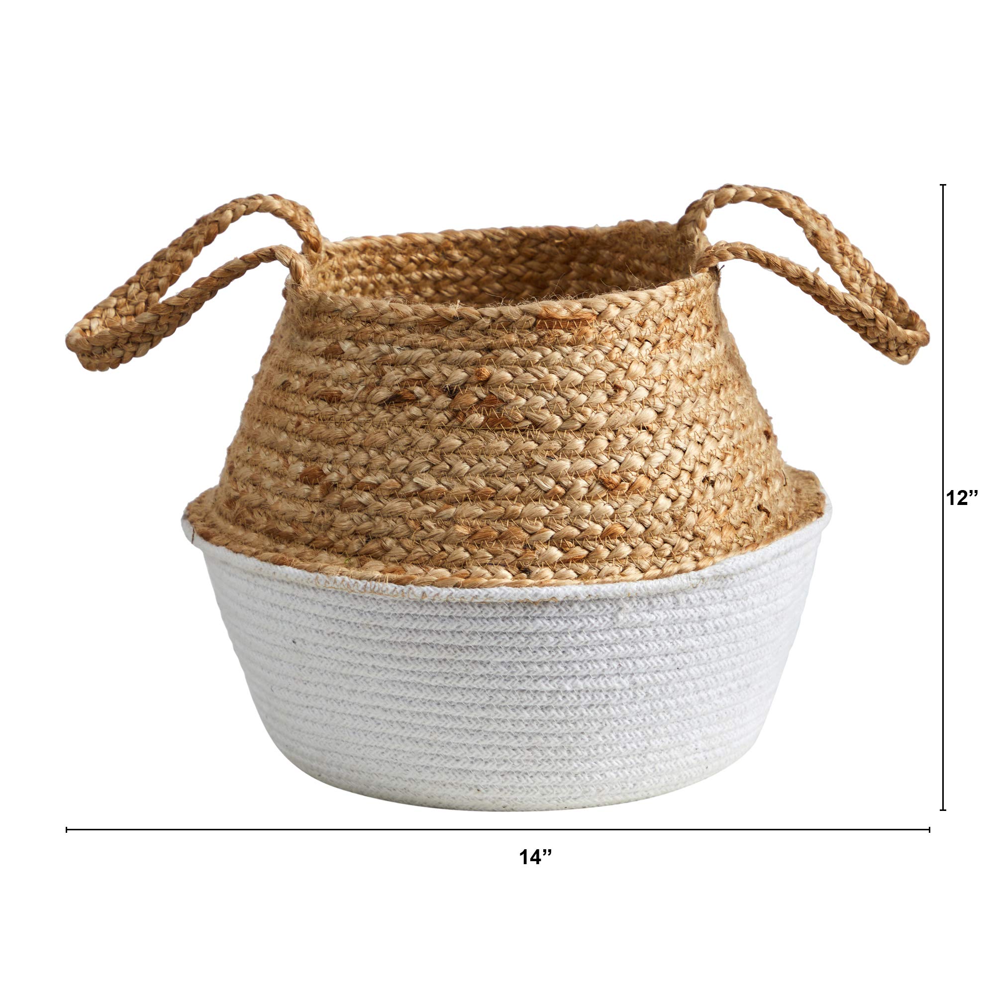 Nearly Natural 14 Inch Boho Chic Handmade Cotton & Jute White Woven Basket Planter for Home Decor, Plant Holder, Storage Organizer - Perfect for Living Room, Bedroom, or Office