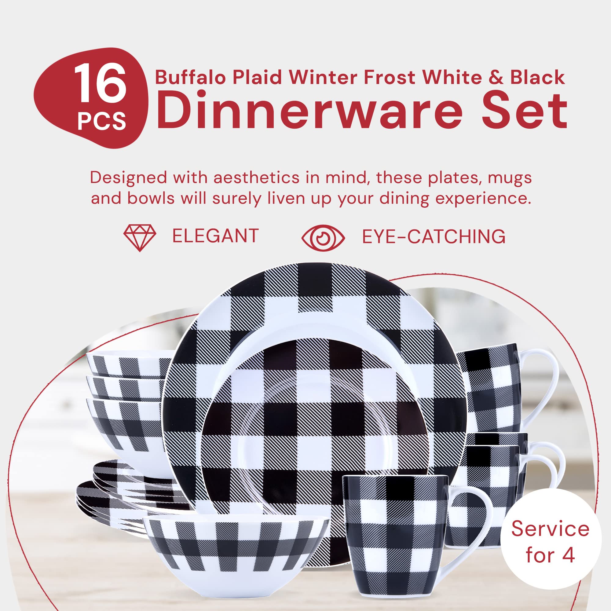 Modern Black & White Plaid 16-Piece Kitchen Dinnerware Set - Frost White Plates, Bowls & Mugs - Dishwasher Safe for Indoor Dining & Entertaining