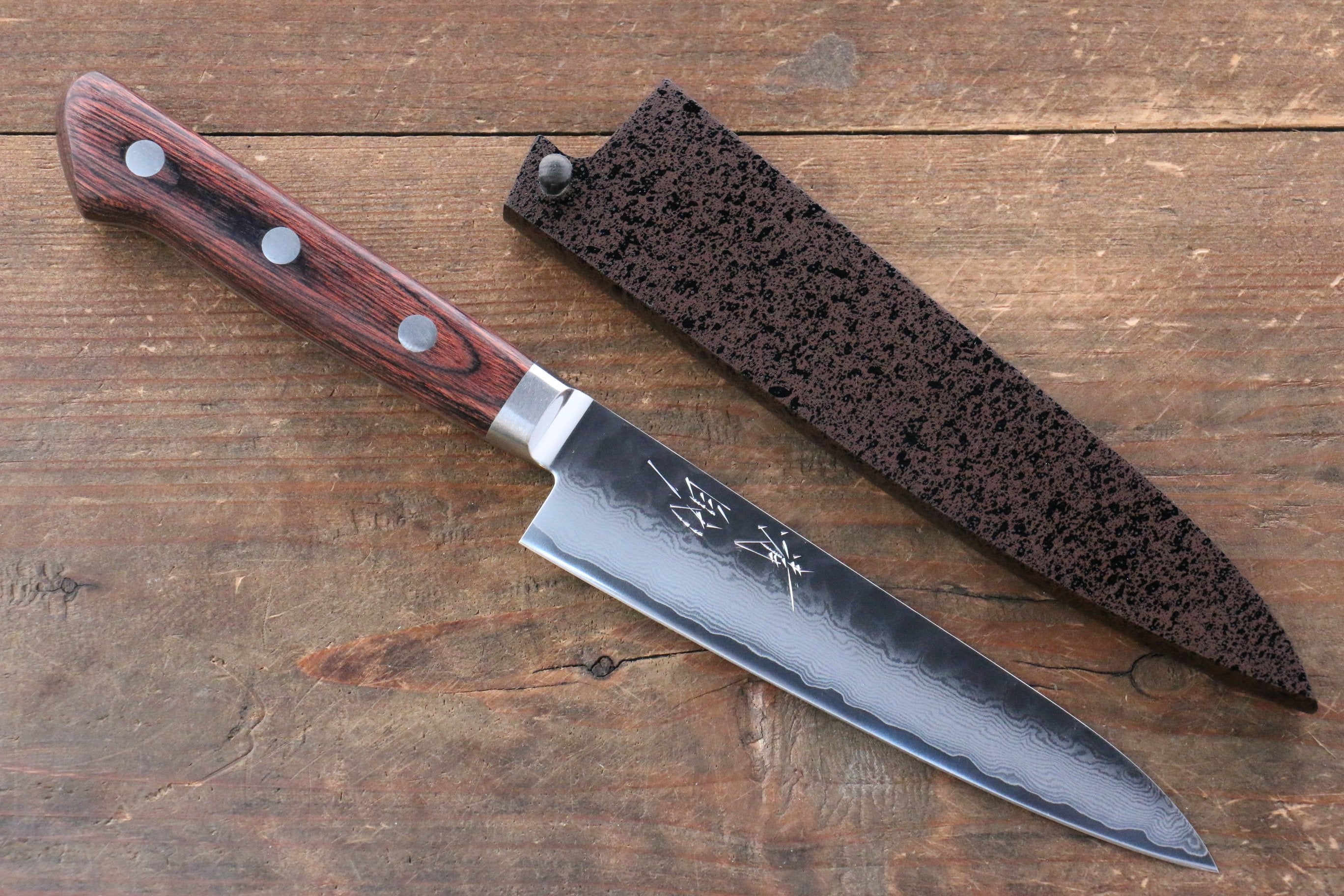 Seisuke VG10 33-Layer Damascus Petty Utility Knife 135mm with Mahogany Handle & Sheath - Perfect for Kitchen, Camping, and Outdoor Cooking