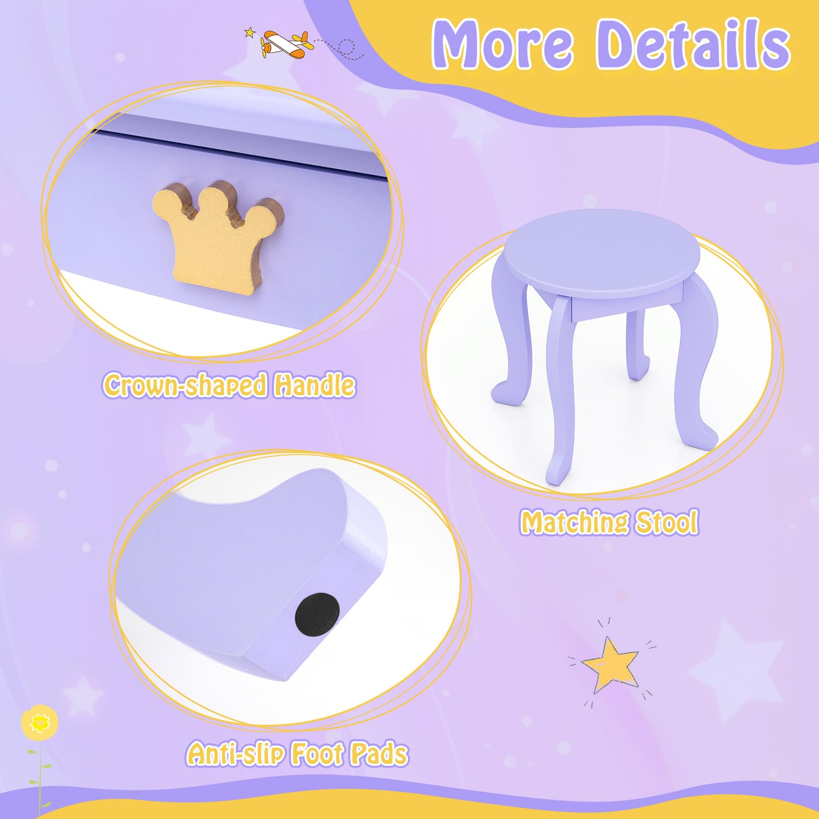 GLACER Girls Vanity Set with Mirror, Stool & LED Lights - 2-in-1 Wooden Princess Makeup Vanity Desk with 3 Lighting Modes, Storage Drawer & Adjustable Chair - Kids Vanity Table Set for Bedroom (Violet) - Perfect for Birthday Gifts, Playroom Decor & Pretend Play