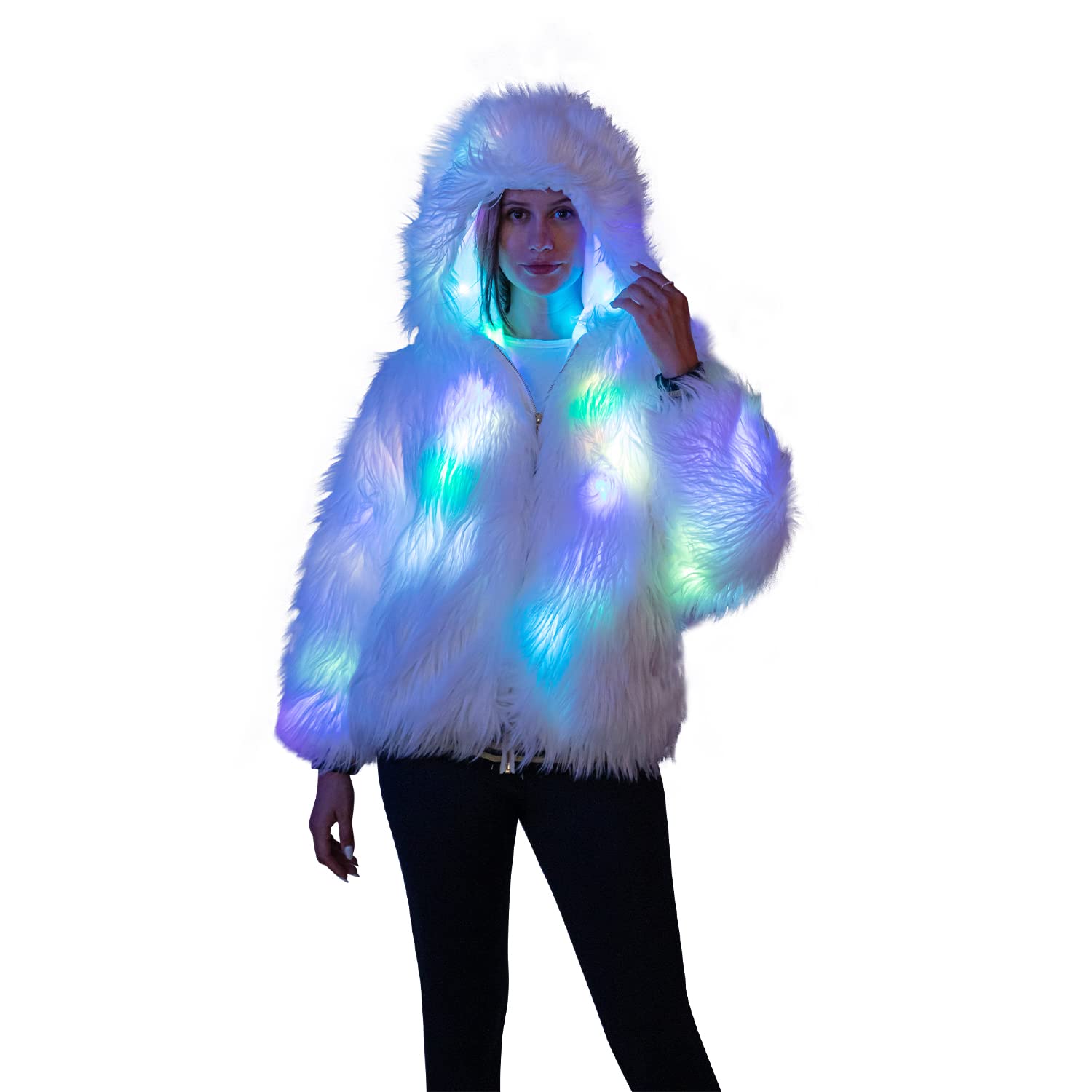 LED Light Up Faux Fur Jacket with Hood - Glow in The Dark Rave Wear for Men & Women - Perfect for EDM Festivals, Concerts, Nightclubs and Costume Parties