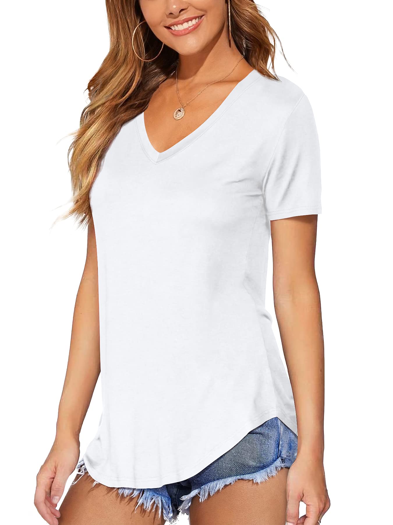 DittyandVibe Women's Long & Short Sleeve V-Neck Tunic Tops - Casual Stretch T-Shirts with Curved Hem for Work, Date Night & Everyday Wear