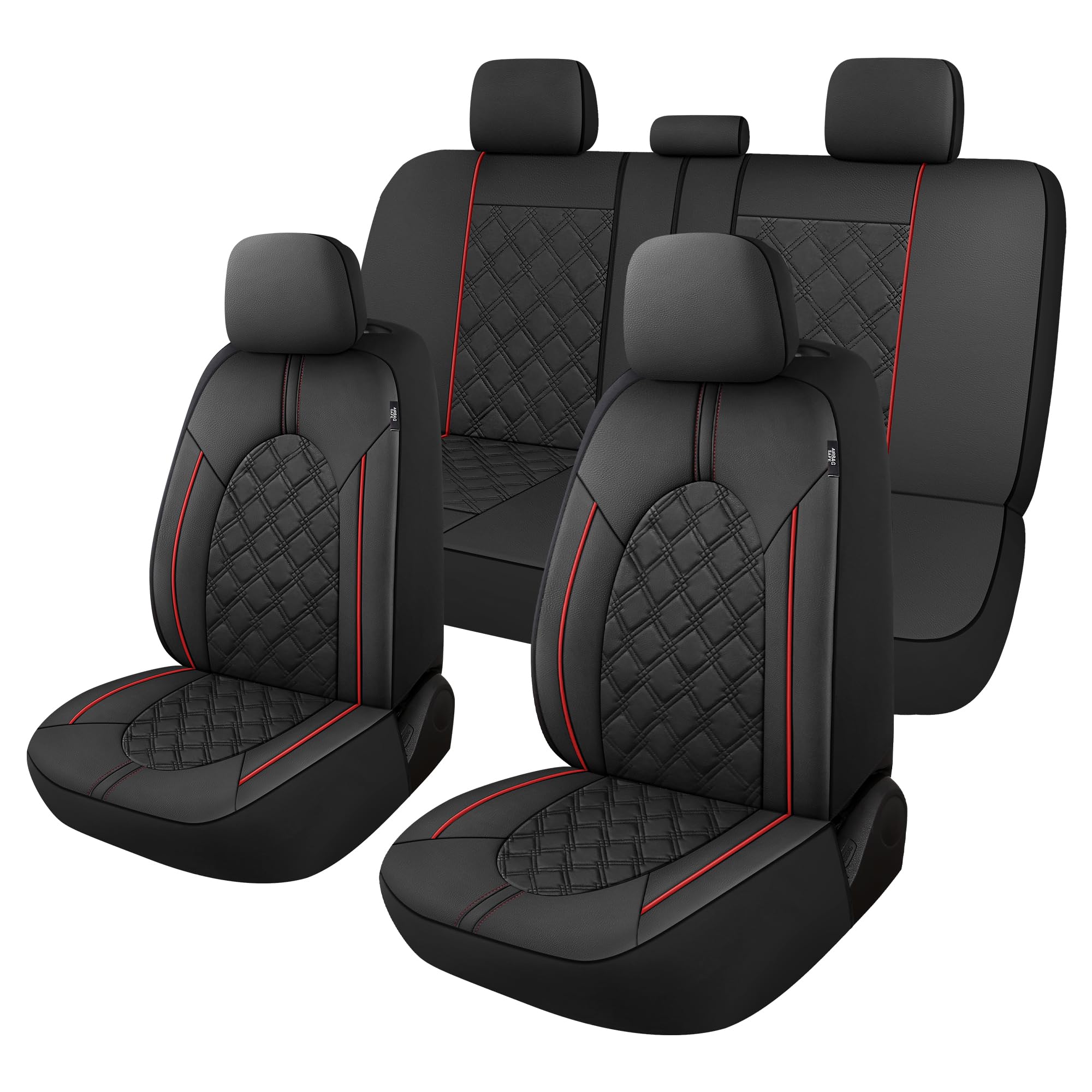 Premium PU Leather Car Seat Covers Full Set - Waterproof Universal Fit for Sedans, SUVs & Trucks | Split Bench Design with Black/Red Stitching | Perfect for Daily Commute, Road Trips & Vehicle Protection