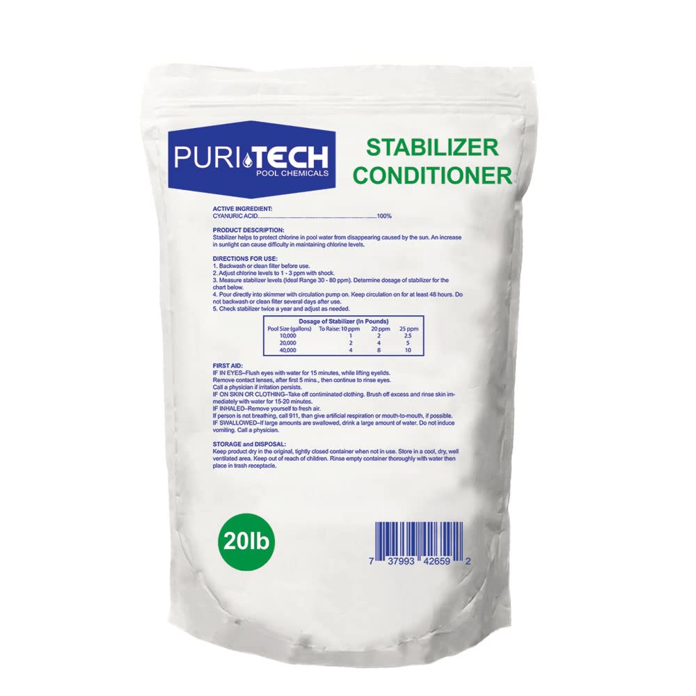 Puri Tech Chemicals 20 lb Alkalinity Increaser & 20 lb Stabilizer Conditioner Kit for Swimming Pools & Spas – Balance pH Levels, Clean Water & Protect Surfaces – Ideal for Pool Maintenance & Water Treatment
