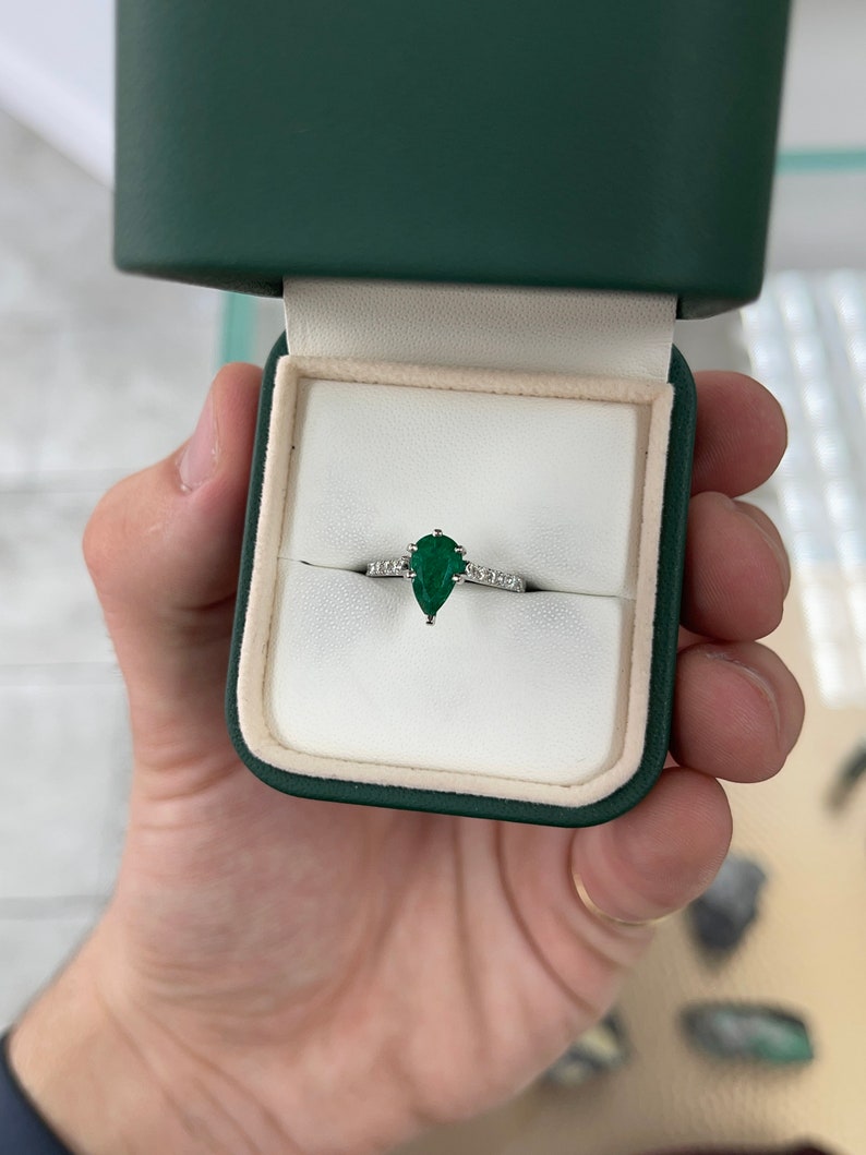 1.08tcw Rich Dark Emerald Pear Cut & Pave Diamond Five Prong Ring 14K Gold - Elegant Engagement & Wedding Jewelry for Women
