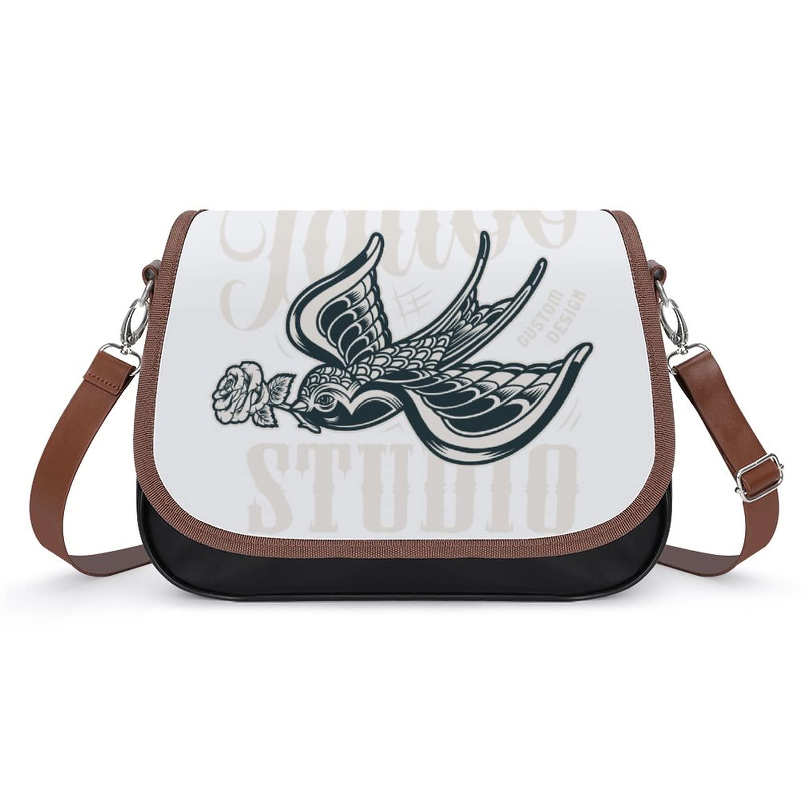 Stylish Women's Leather Crossbody Bag with Printed Flap Swallow Rose Design - Fashionable Shoulder Messenger Purse for Daily Use, Travel & Work