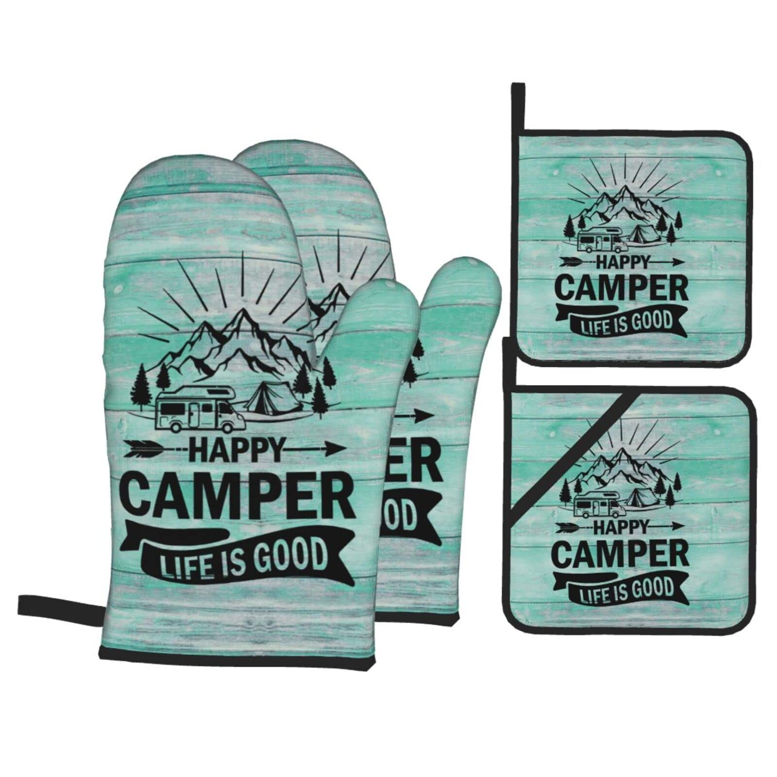 Happy Camper Oven Mitts and Pot Holders Set of 4 - Heat Resistant Kitchen Gloves with Non-Slip Polyester for Cooking, Baking, Grilling & BBQ - Perfect for Home Kitchen, Outdoor Camping & Picnics