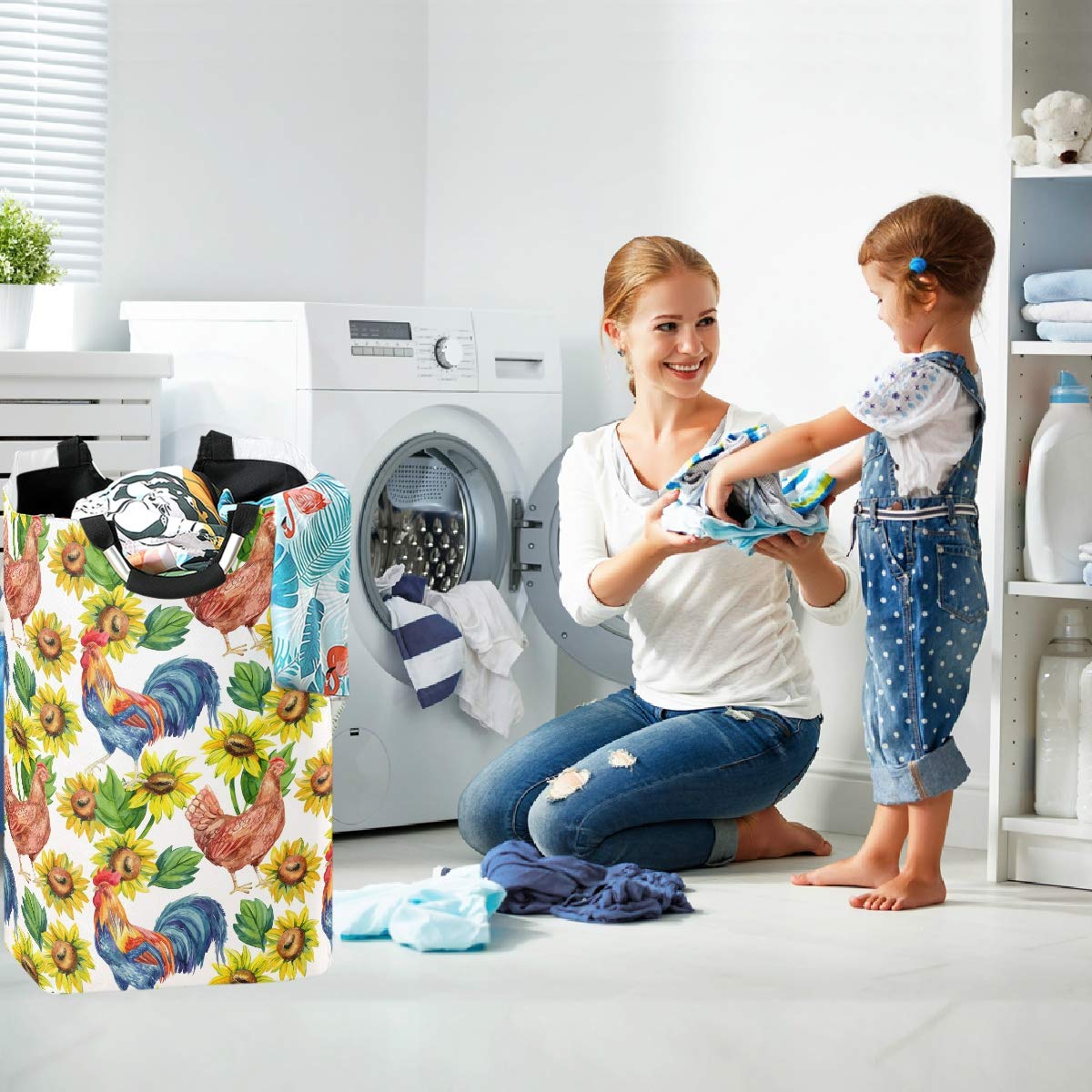 Visesunny Hen & Rooster Sunflower Large Collapsible Laundry Hamper - Foldable Portable Dirty Clothes Basket with Handles, Waterproof Oxford Fabric Washing Bin - Perfect for Home, Dorm, Travel & Camping