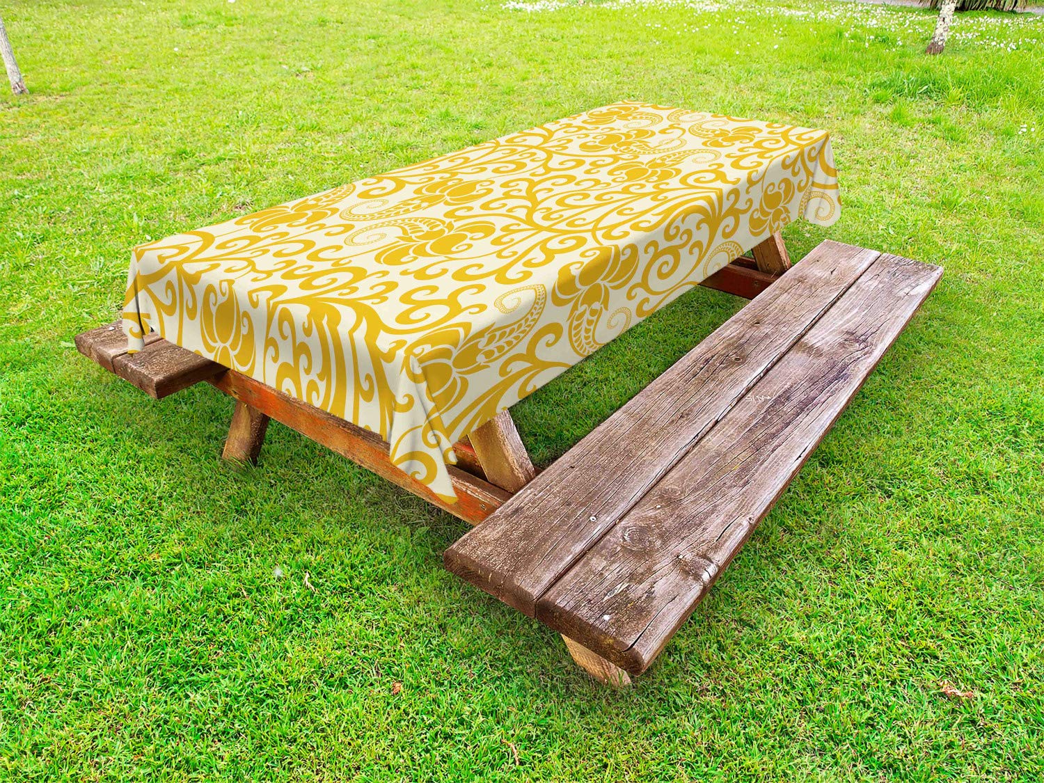 Ambesonne Art Nouveau Outdoor Tablecloth - Rococo Style Floral Design with Spring Blooms, Branches & Leaves - Boho Decorative Washable Picnic Table Cover 58