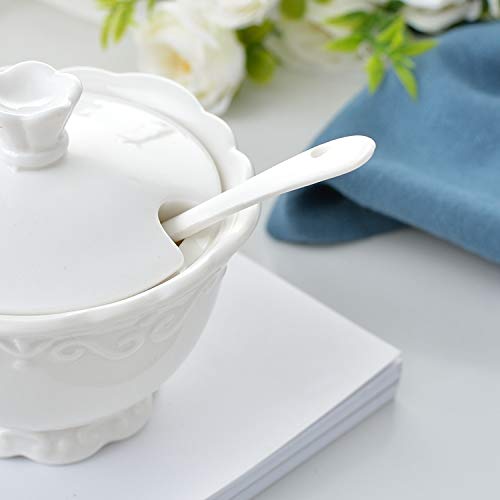 White Ceramic Sugar Bowl with Lid and Spoon - Elegant Kitchen Storage for Coffee, Tea, Sugar & Spices - Perfect for Dining Table, Coffee Station & Home Decor