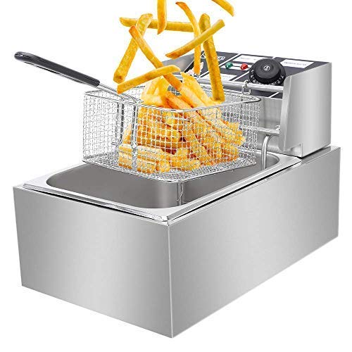 Commercial Electric Deep Fryer 2500W Stainless Steel with Basket - 6.3QT/6L Countertop Deep Fryer for French Fries, Chicken Wings & More - Perfect for Restaurants, Home Kitchens & Fast Food Shops (US Plug, Silver, In Stock)