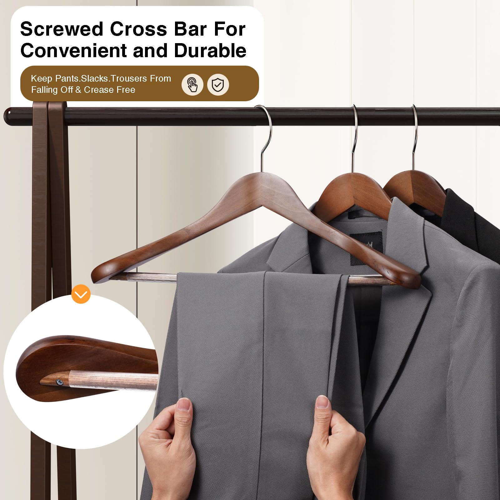 Premium Wooden Suit Hangers 10-Pack - Heavy Duty Rotating Hooks & Non-Slip Pants Bar - Smooth Finish for Sweaters, Pants & Heavy Coats (Walnut, Wide Shoulder) - Perfect for Closet Organization & Luxury Garment Storage