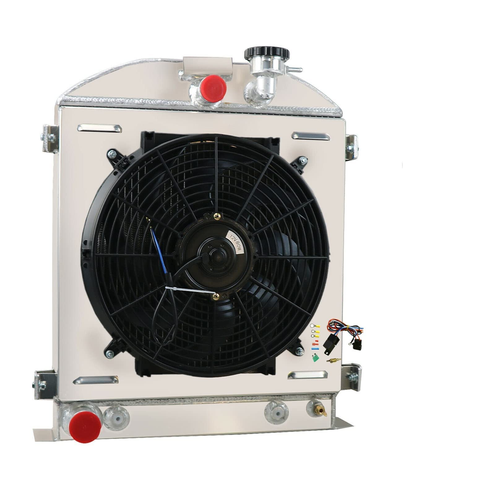 High-Performance 3 Row Aluminum Radiator for Ford Hi-Boy Hot Rod Model B & A/AA Sedan (1930-1932) - Complete Cooling Kit with Shroud Fan & Thermostat Relay - Perfect for Classic Car Restoration & Hot Rod Upgrades