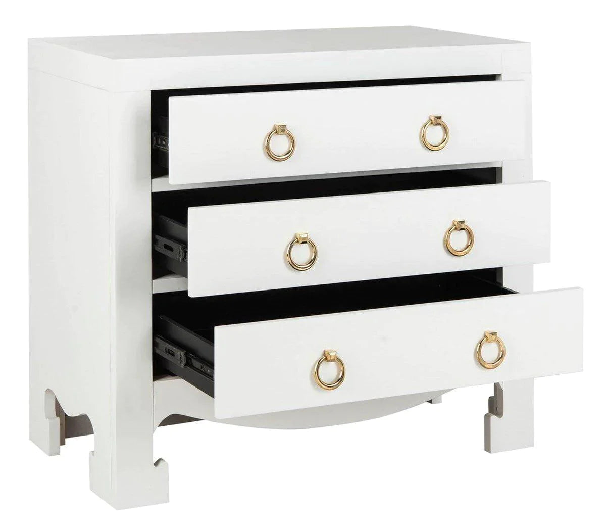 Asian Style White 3-Drawer Side Table with Gold Hardware - Modern Nightstand for Bedroom, Living Room, or Office