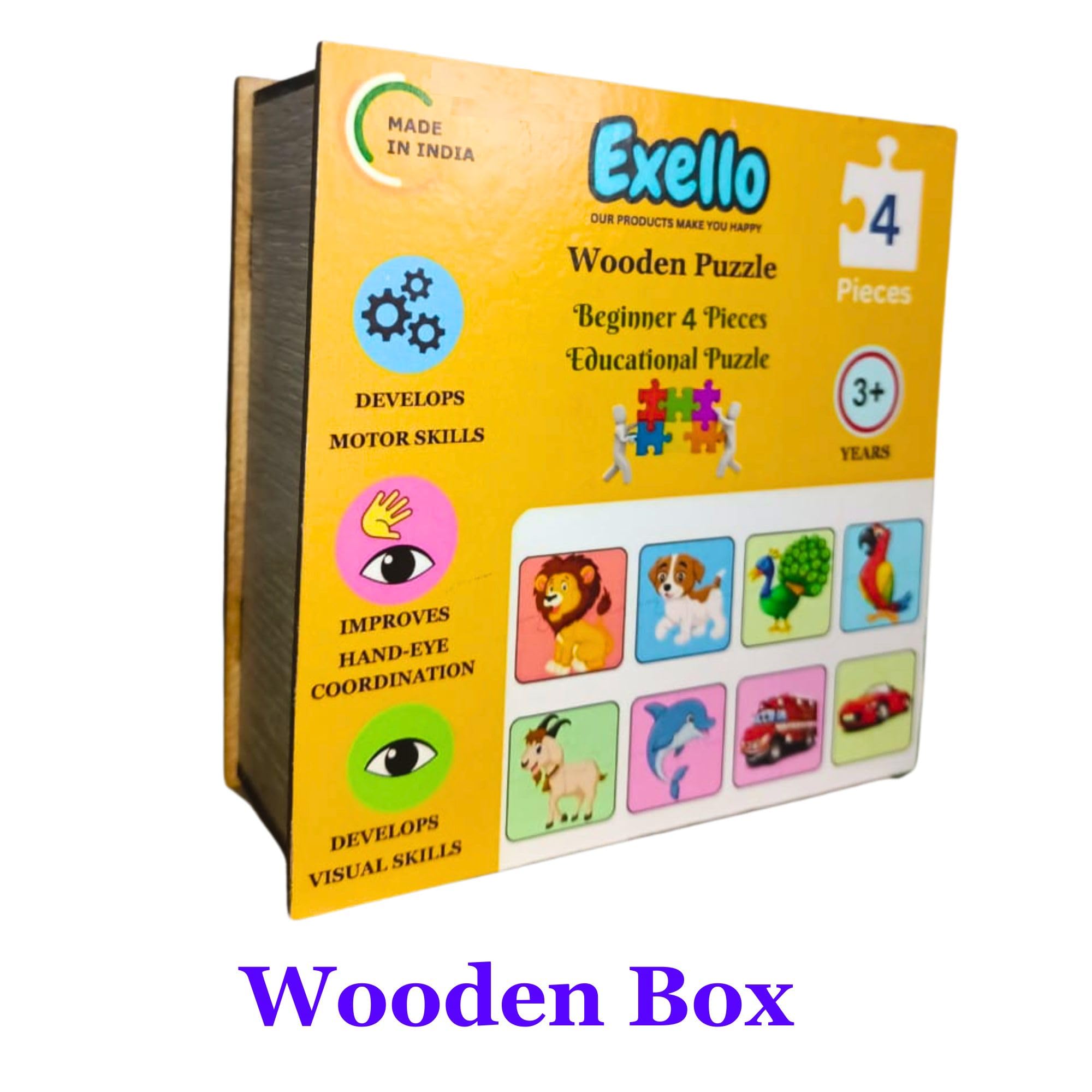 Exello 4-Piece Wooden Puzzle Set for Kids - 8 Pack Animal & Bird Jigsaw Puzzles (4x4 Inch) - Educational Toddler Learning Toys for Preschoolers - Perfect for Birthday Gifts, Classroom Activities & Family Game Night