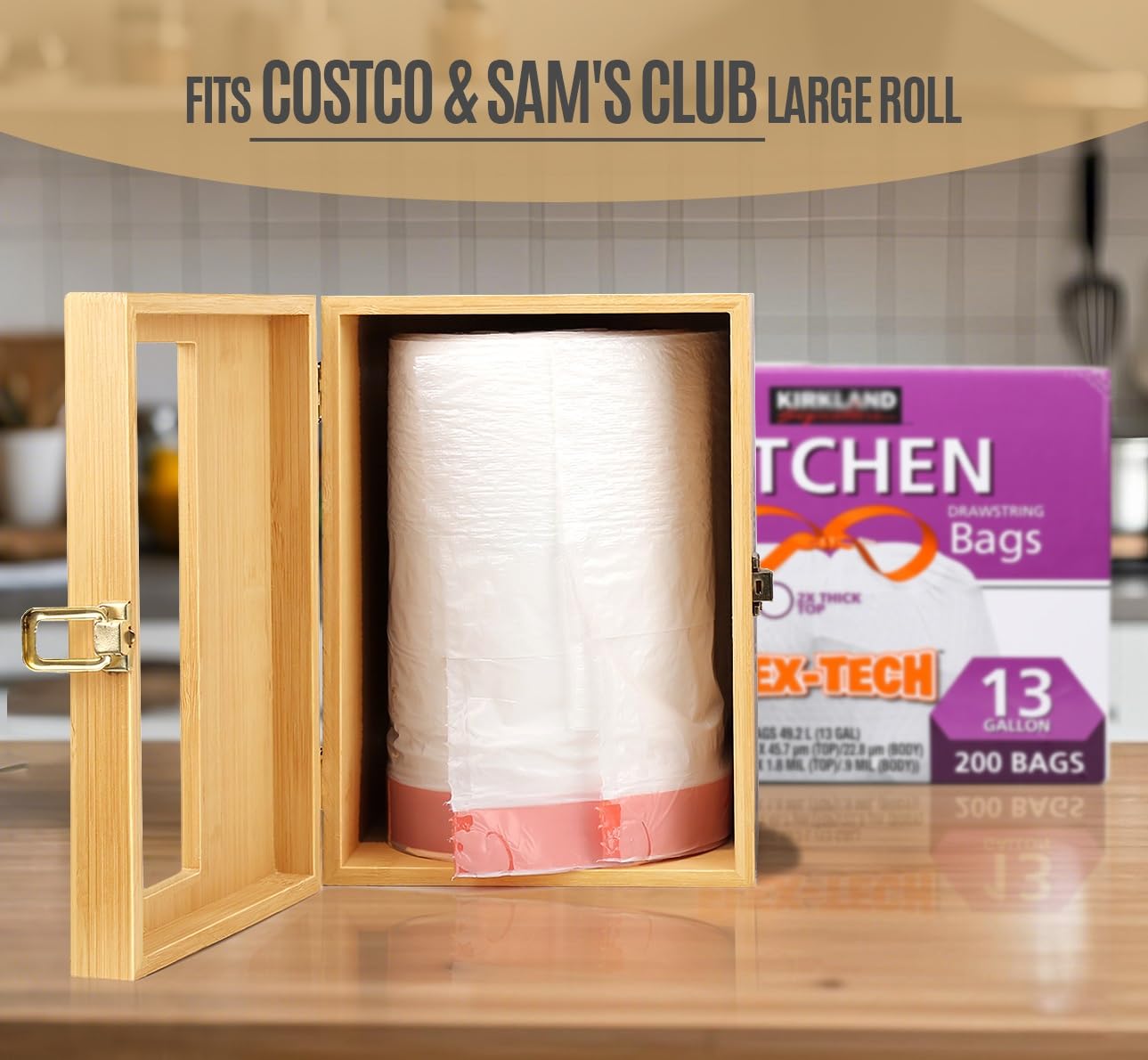 Extra Large Bamboo Trash Bag Dispenser Roll Holder - Fits Costco & Sam's Club Jumbo Rolls, Under-Sink Cabinet & Wall Mount Organizer - Garbage Bag Storage for Kitchen, Pantry, Garage - Perfect for Home, Office & RV Organization