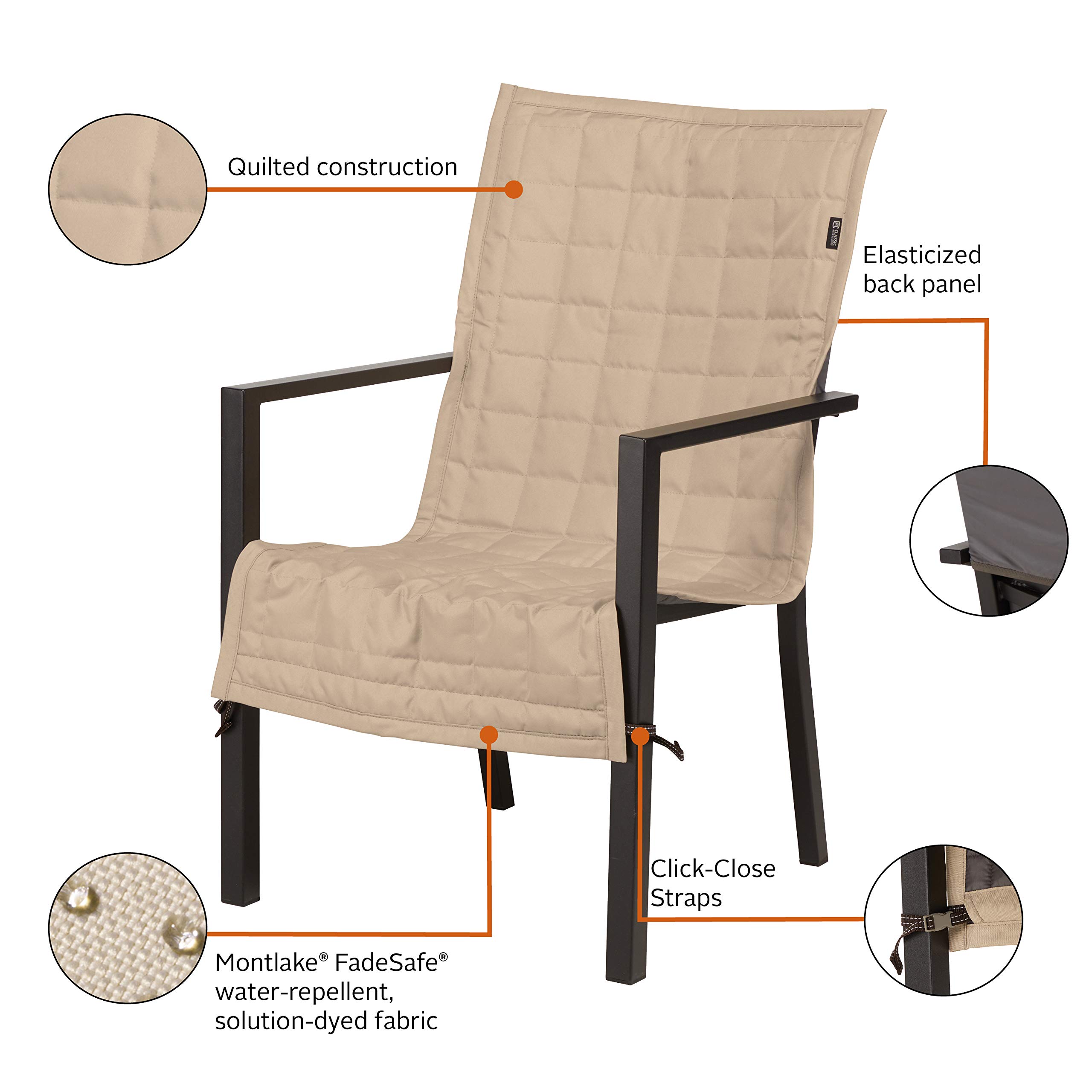 Classic Accessories Montlake 45 Inch Water-Resistant Patio Chair Slipcover, Antique Beige, Durable Outdoor Furniture Cover for All-Weather Protection, Perfect for Patio, Deck, and Garden Use