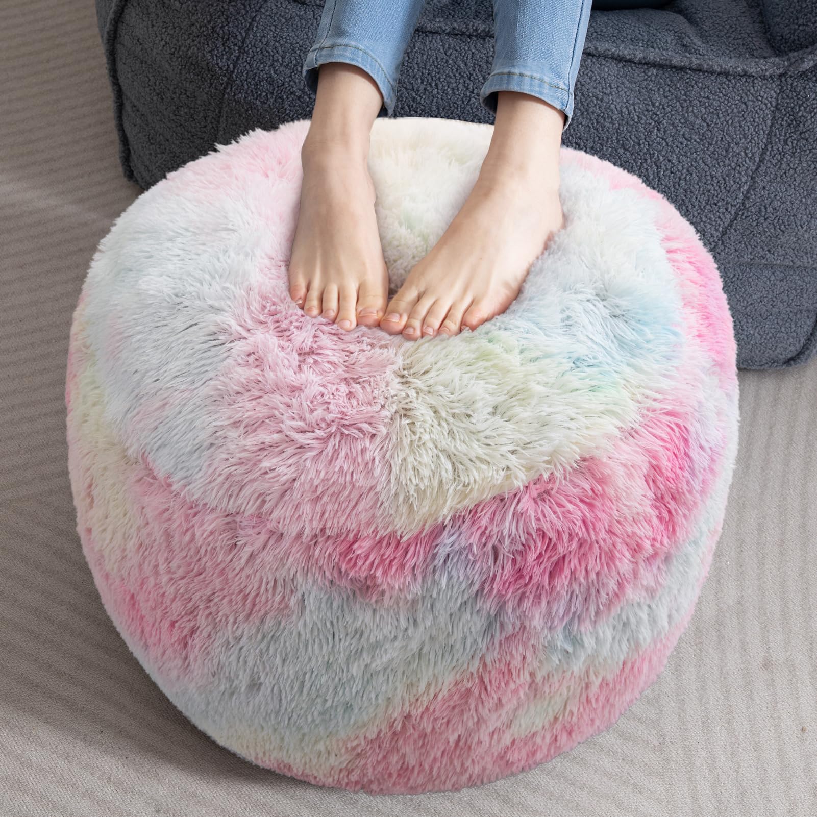 MAXYOYO Round Stuffed Faux Fur Pouf Ottoman with Foam Chunk Filling - Rainbow Color Accent Floor Seating for Living Room, Bedroom & Nursery Decor