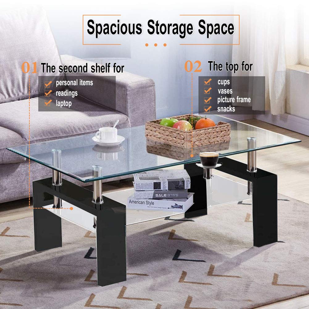 Modern Glass Coffee Table with Metal Legs - 2-Tier Clear Tempered Glass Living Room Table, Cocktail & Tea Table for Home Decor, Living Room Furniture - Perfect for Small Spaces, Apartments & Lounge Areas
