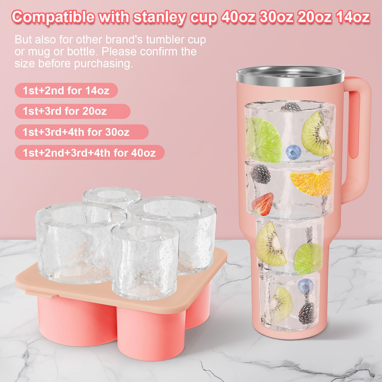 Stanley Cup 40 oz & 30 oz Tumbler Silicone Ice Mold with Lid - 4 Pack Cylinder Ice Ring Trays for Whiskey, Cocktails, Juice & Cold Drinks | Perfect for Parties, BBQs & Home Bars
