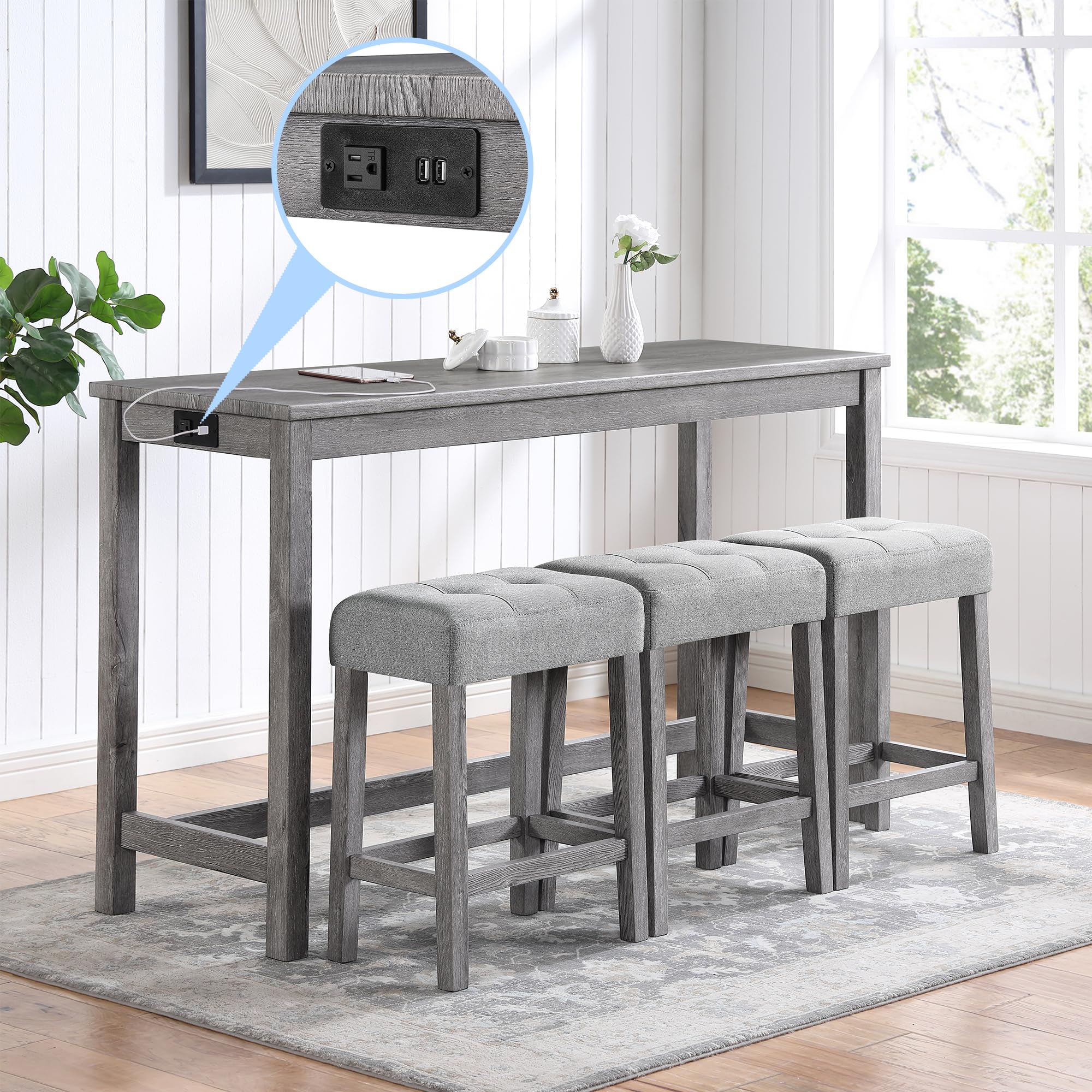 **Merax 4-Piece Bar Table Set with Power Outlet - Industrial Breakfast Table & 3 Padded Stools, Gray - Perfect for Living Room, Dining Room, Game Room & Small Space Entertaining**