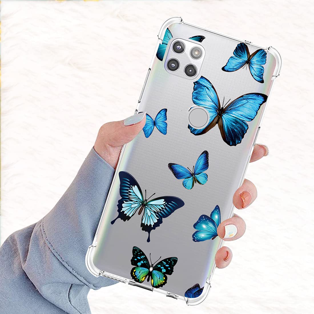 Shockproof Clear TPU Phone Case for Motorola Moto One 5G Ace & Moto G 5G - Slim Flexible Protective Cover with Blue Butterfly Pattern - Perfect for Girls, Everyday Use & Travel Protection