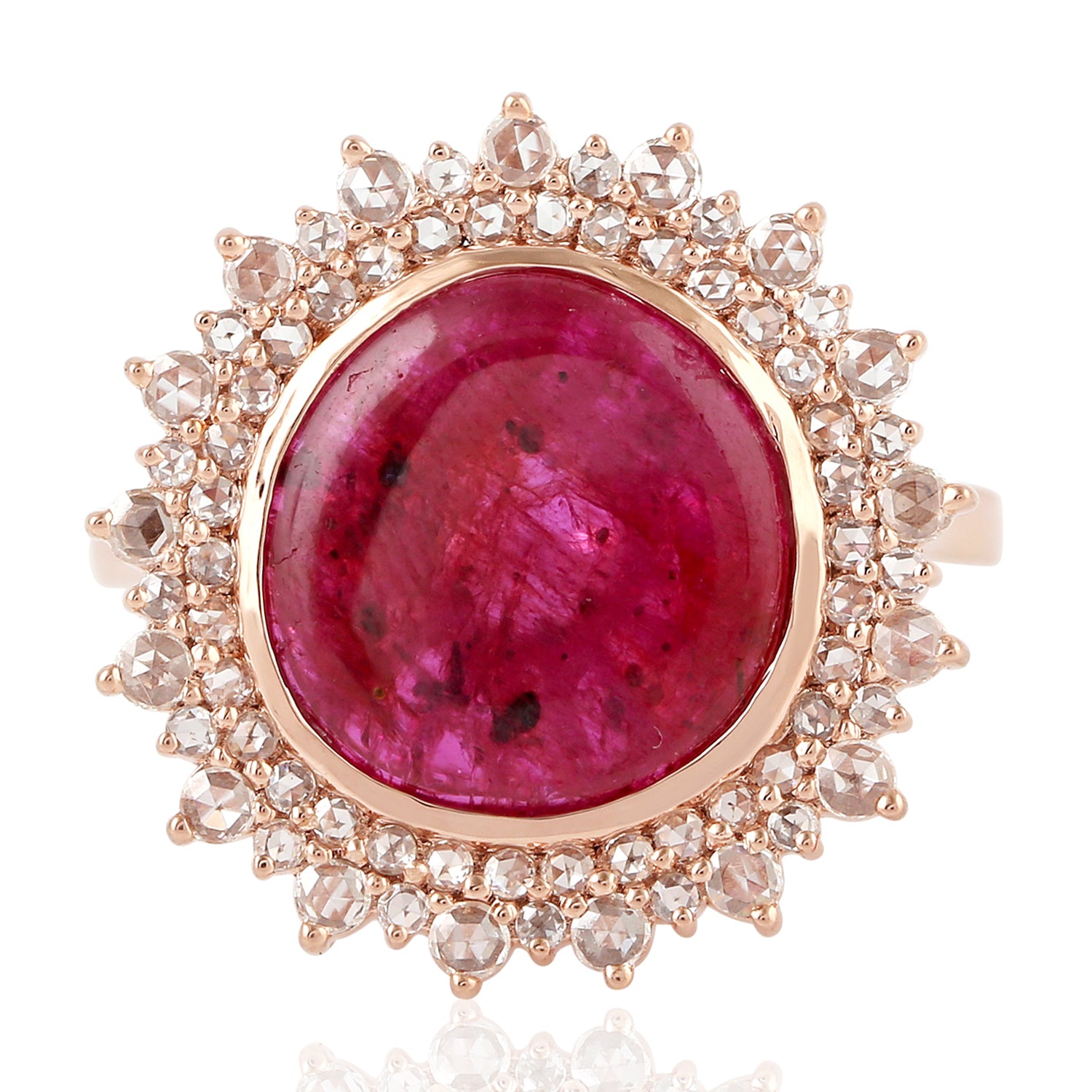 Exquisite Rose Gold Cocktail Ring with Bezel Ruby & Pave Rose Cut Diamonds for Women – Perfect for Evening Parties, Weddings & Special Occasions
