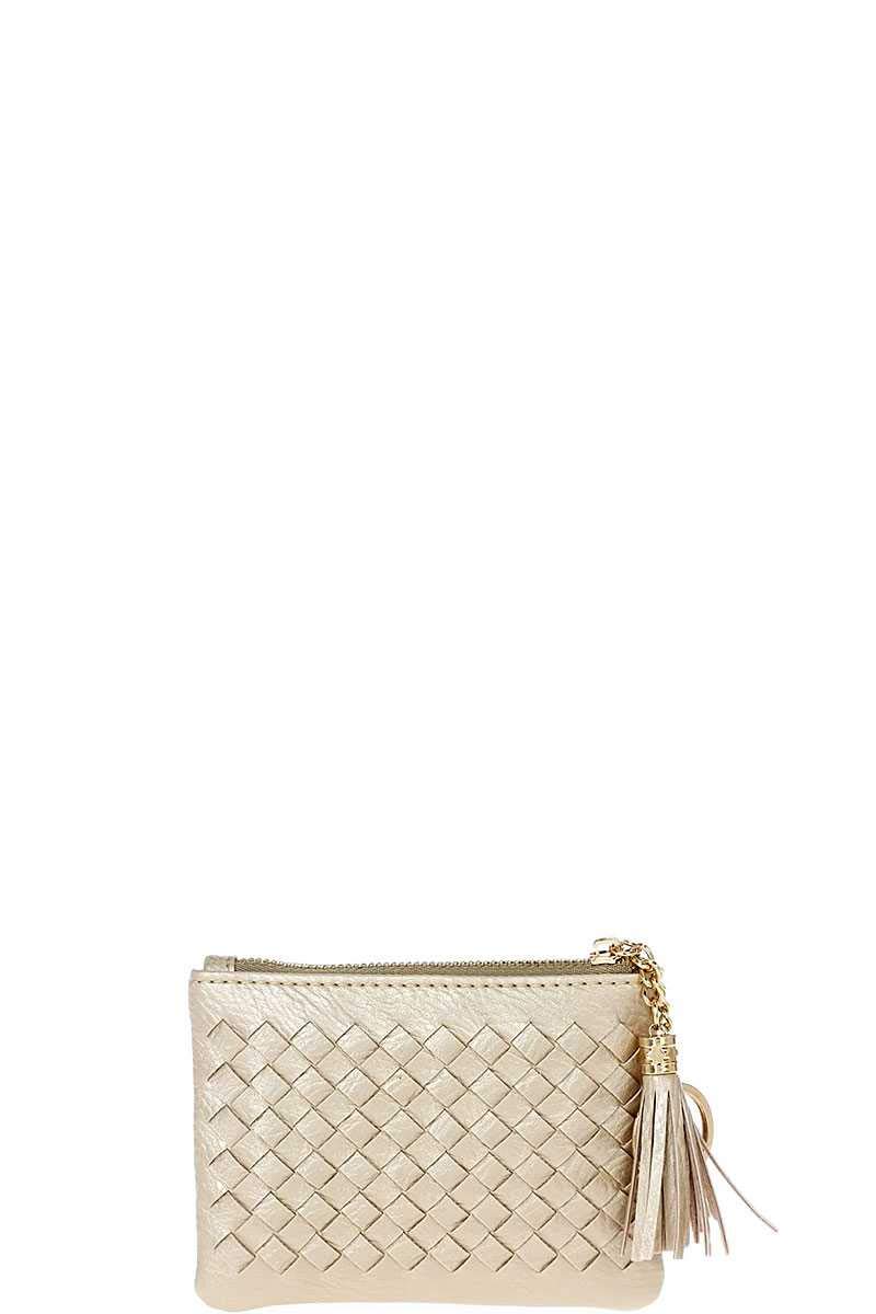 Braided Zip Top Coin Key Wallet for Women - Stylish & Compact White Leather Wallet for Keys, Coins & Cards - Perfect for Everyday Use, Travel & Gifting