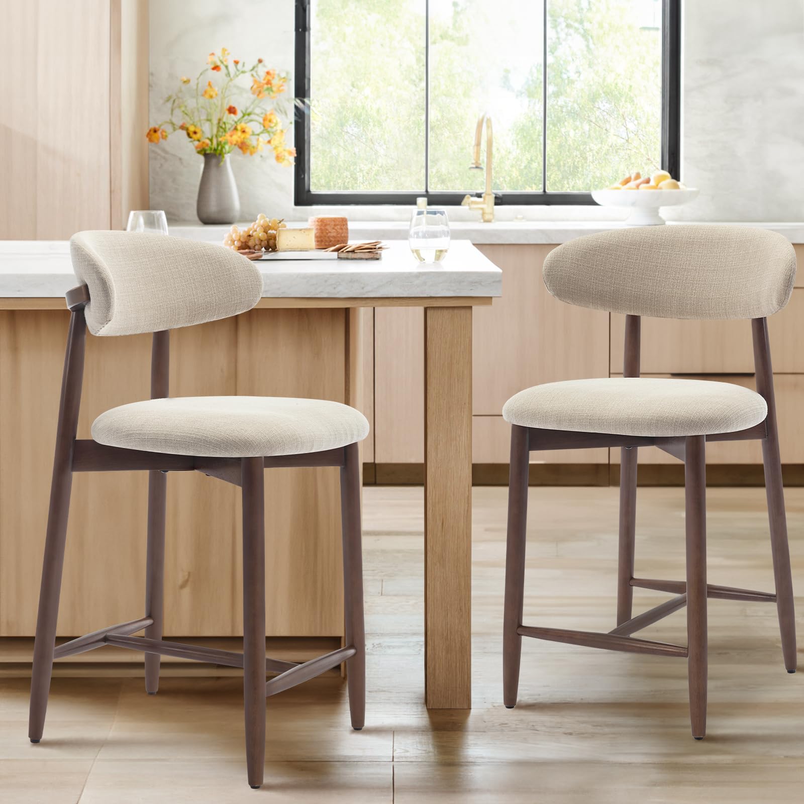 COLAMY 2-Pack Upholstered Bar Stools with Wooden Legs - 24