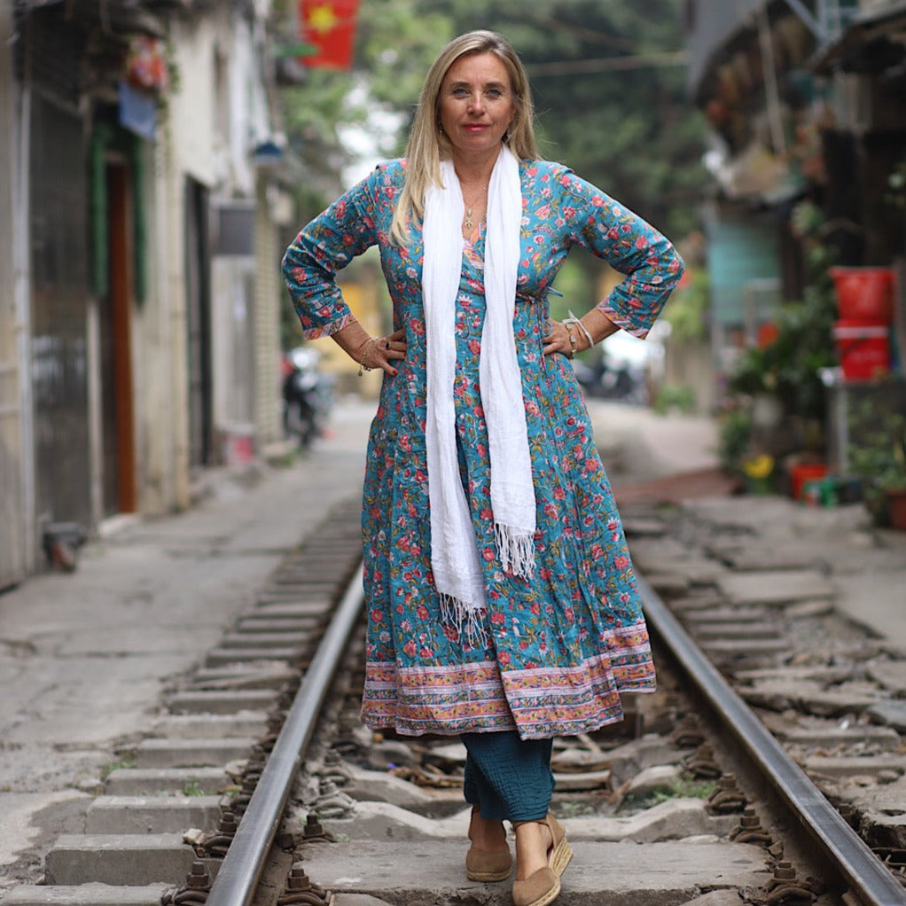 Elegant Wrap Dress in Amber Blue - Flattering Women's Midi Dress for Casual Wear, Office & Special Occasions