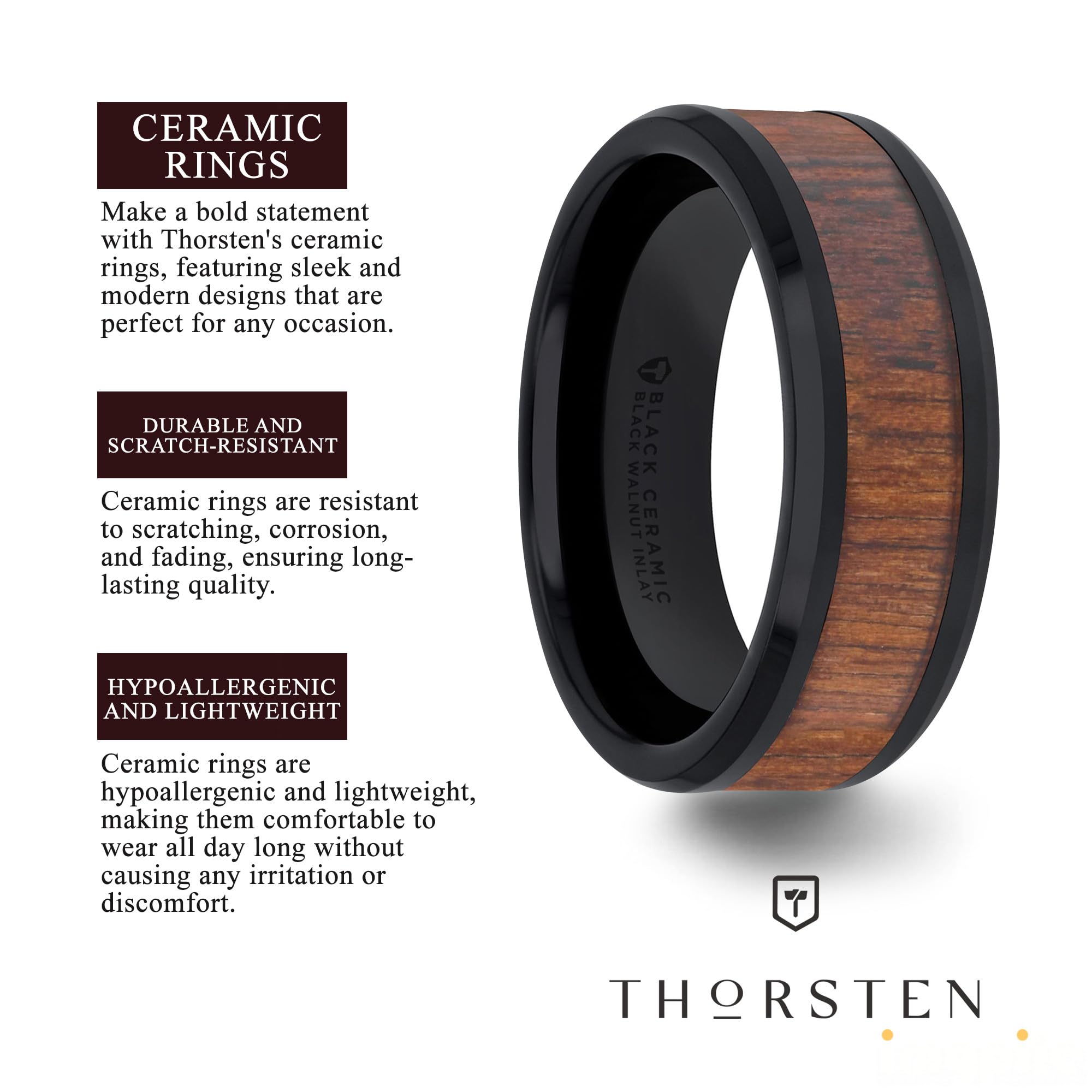 Yukon Black Ceramic Wedding Ring Band with Walnut Wood Inlay & Polished Beveled Edges - 4mm to 12mm Width - Durable & Comfortable for Men & Women - Perfect for Weddings, Anniversaries, and Everyday Wear