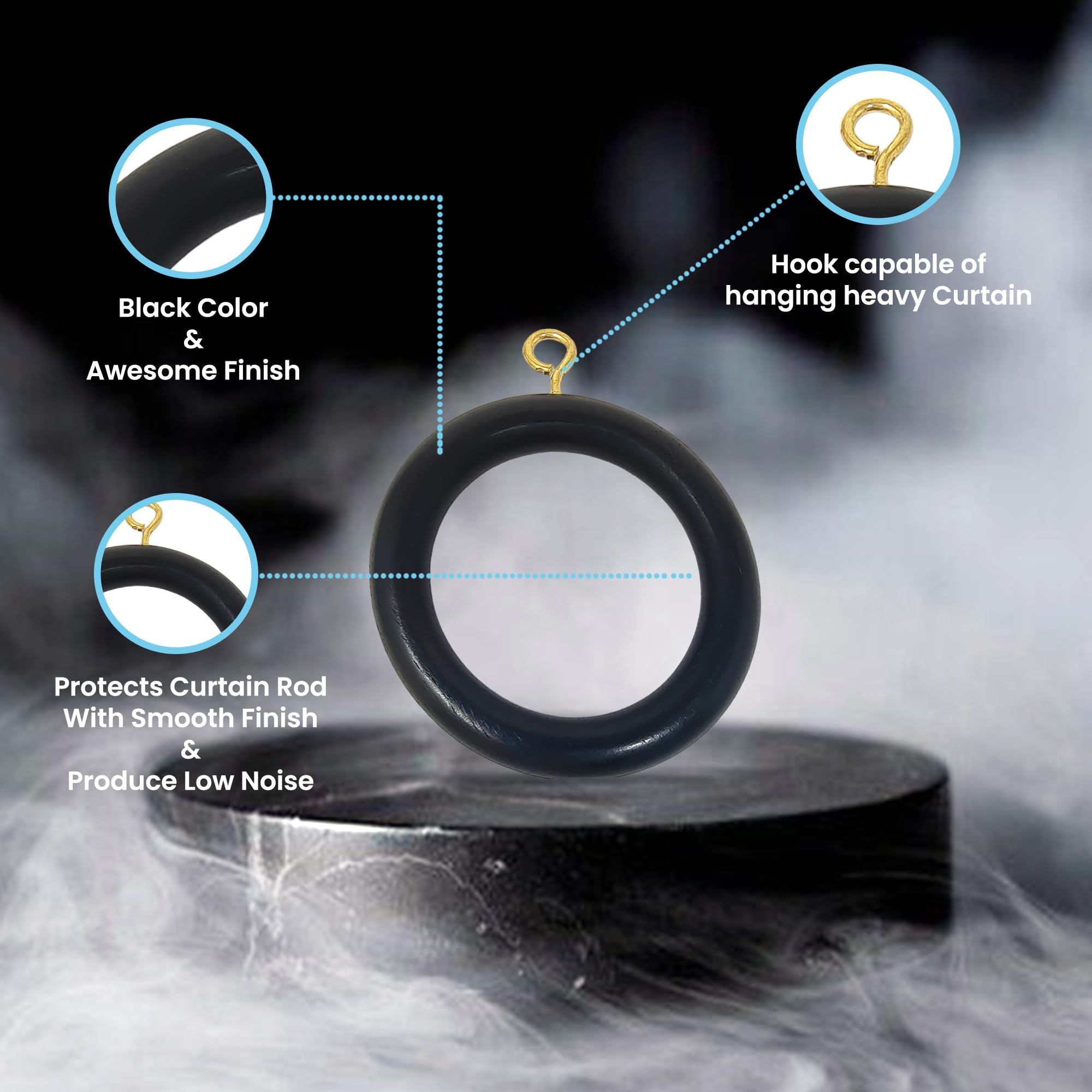 Premium 12-Piece Black Wooden Curtain Rings for 1-1.7 Inch Rods - Elegant Drapery Hardware for Living Room, Bedroom & Dorm Decor