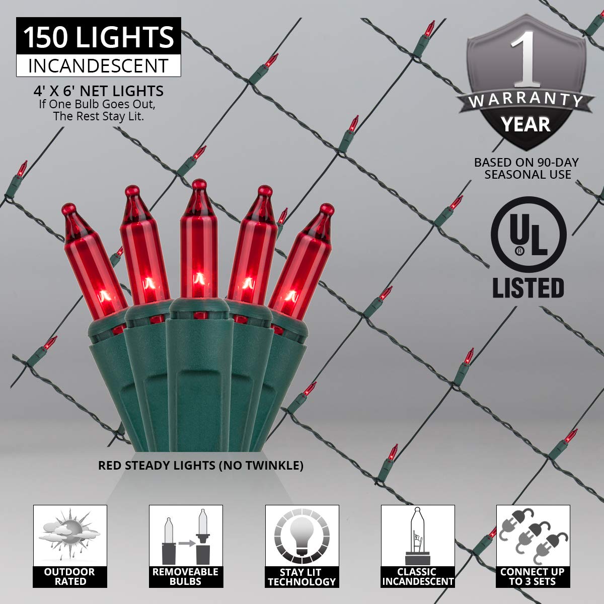 150 LED Red Christmas Net Lights for Outdoor Decor - 4'x6' Warm White String Lights on Green Wire - Perfect for Holiday Tree, Roof, and Yard Decoration