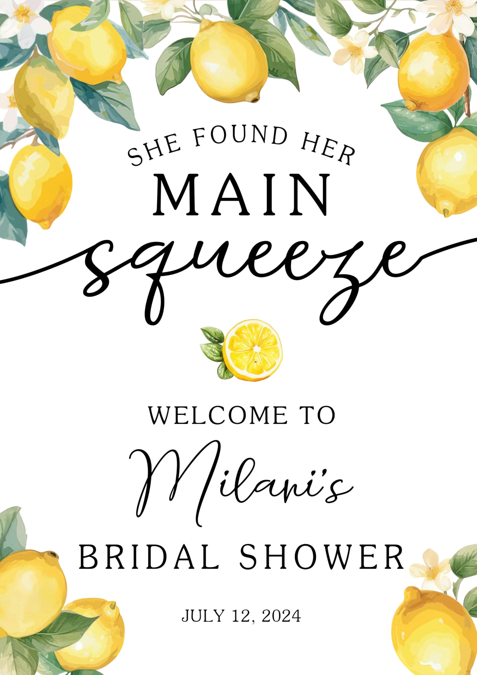 Custom Lemon Citrus Bridal Shower Welcome Sign - Personalized 'She Found Her Main Squeeze' Backdrop for Wedding Showers & Bachelorette Parties - Perfect for Lemon-Themed Celebrations, Photo Booths & Home Decor